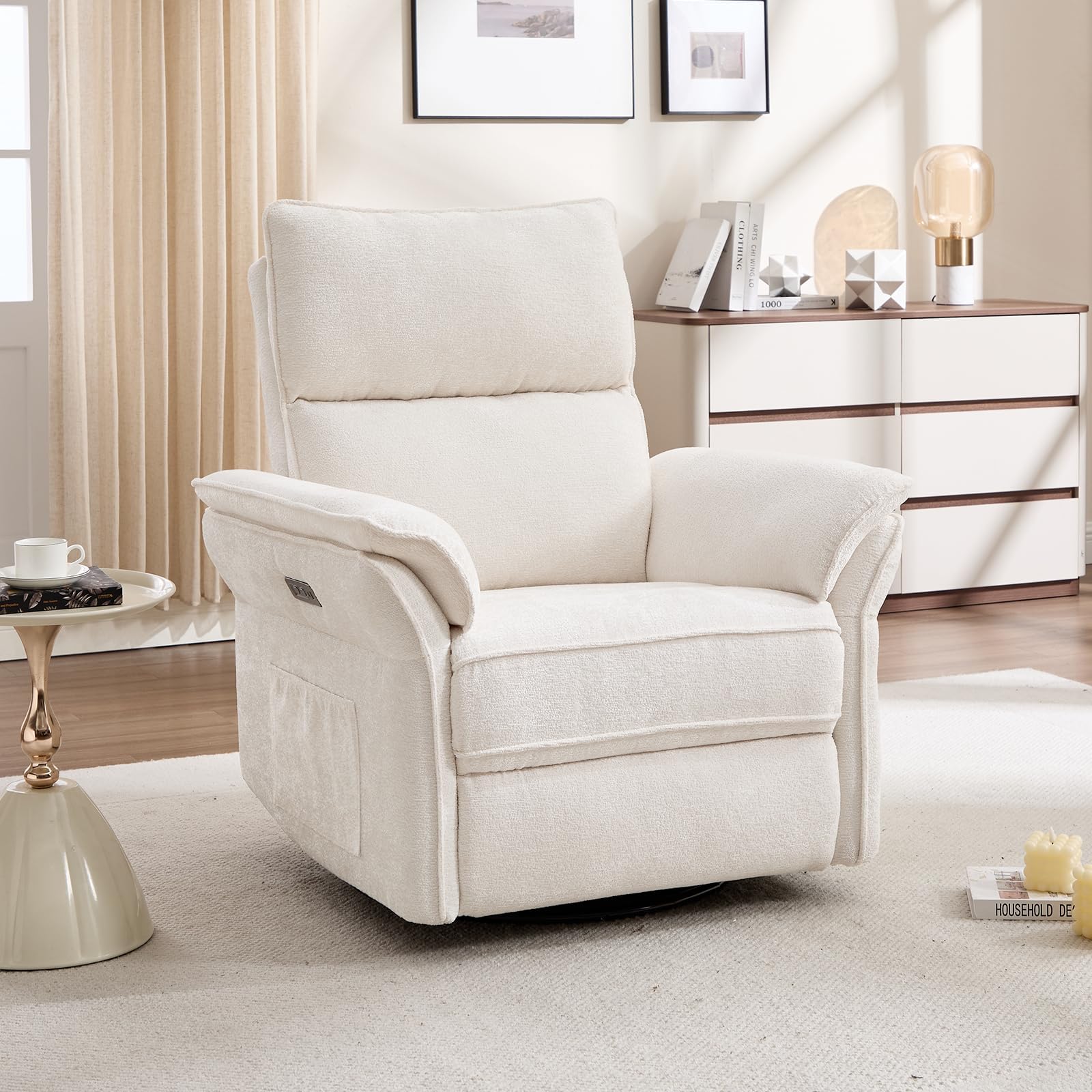 Oversized Power Recliner Chair Swivel Glider with Massage and Heat, Rocker Nursery Recliner for Adults with Adjustable Headrest, 24" Extra Wide Nursery Chair with Overstuffed Armrest,White