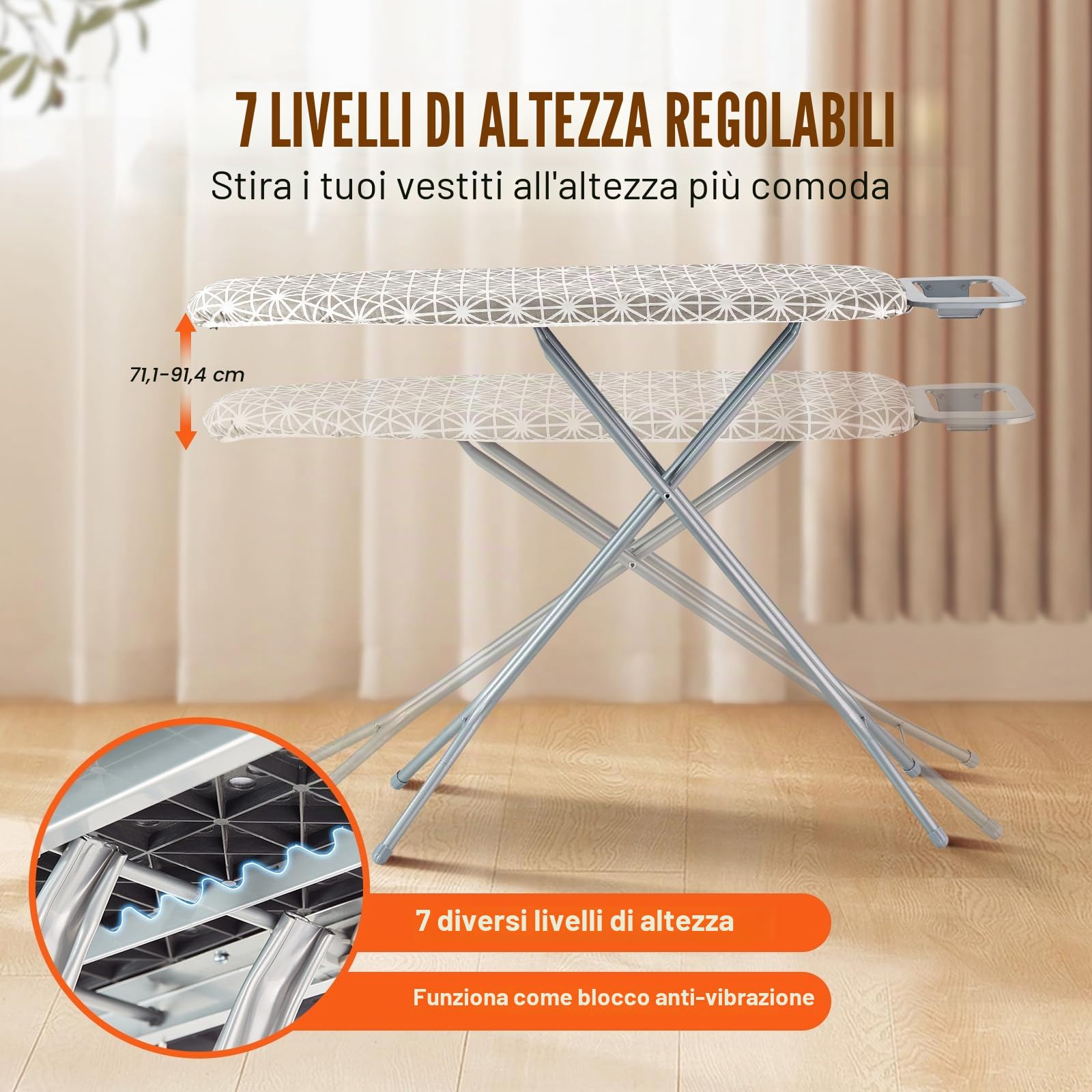 VEVOR Asse da Stiro 110 x 33 cm Asse da Stiro 4 Strati 7 Altezze Regolabili 715-915 mm con Copertura Anti-calore 100% Cotone per Casa Lavanderia Bagno 1292 x 334 x 915 mm, Asse per Stirare Pieghevole