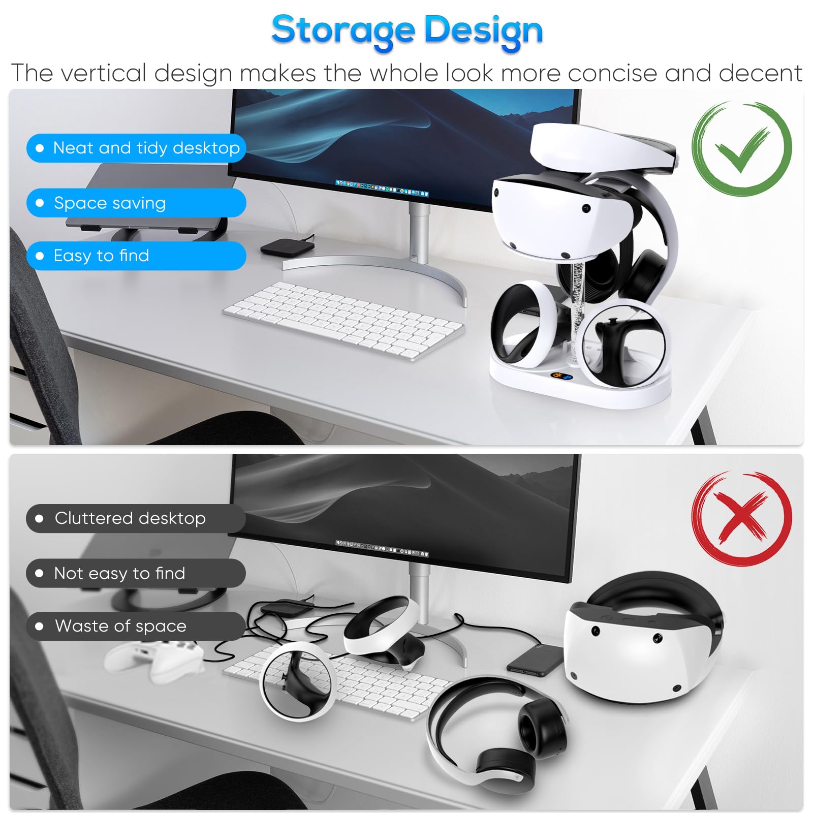 Ladestation für PSVR2 Controller mit Display Ständer &Buntes Licht, FYOUNG Schnelles Ladegerät Dock für PlayStation VR2 Headset Zubehör mit LED-Anzeige, Headset-Halter&Magnetischer Dongle für PS VR2
