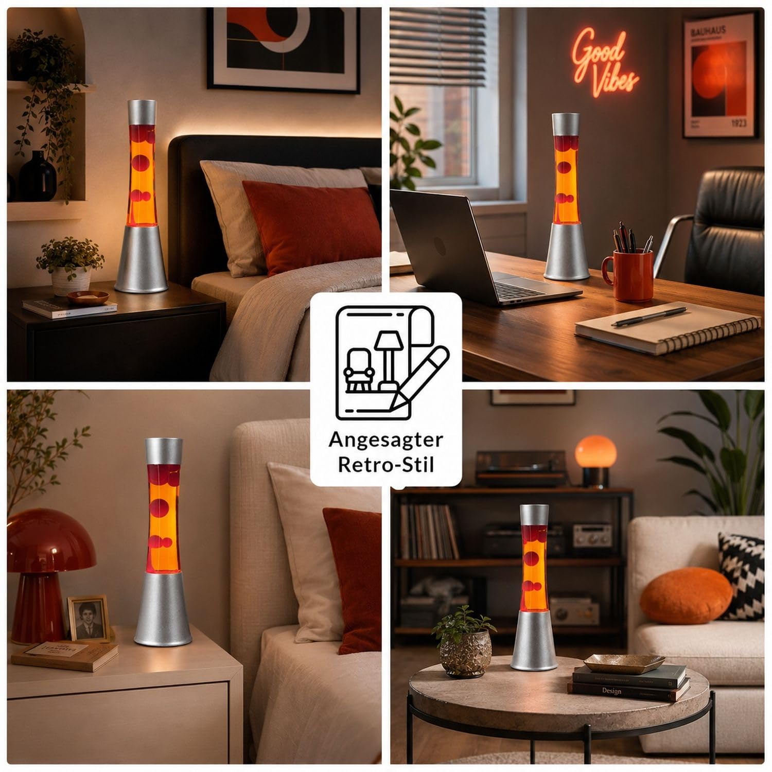 Licht-Erlebnisse Lavalampe Orange Rot, Retro Lampe, kräftig, aktiv, stimmungsvoll, 39,5 cm, G9 25 W mit Kabelschalter, inklusive Leuchtmittel, Dekolampe, Lava Lampe
