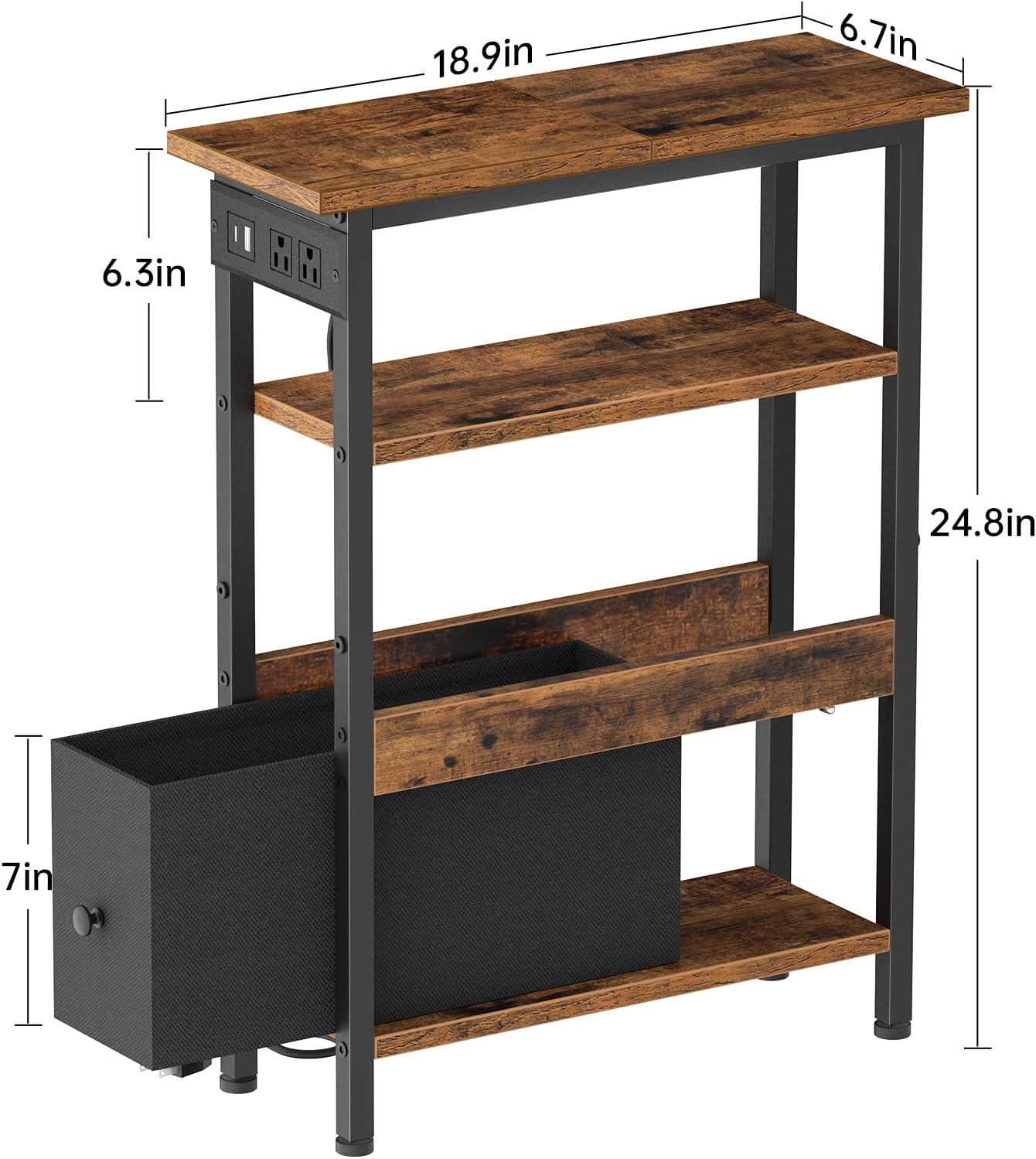 Creso hom Narrow Side Table with Charging Station and LED Light, End Table with 1 Fabric Drawer, Skinny Nightstand with USB Ports & Type-C, Slim Bedside Table for Bedroom, Living Room, Rustic Brown