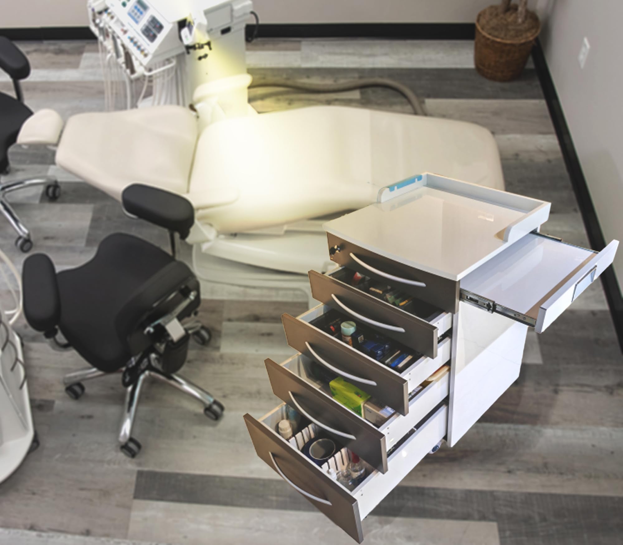 INTSUPERMAI Dental Assistant's Mobile Cart with 4 Drawers, 2 Storage Trays, Dental Clinic Stainless Steel Storage Cabinet, Assistant's Alabama Dental Cart, Chocolate Brown