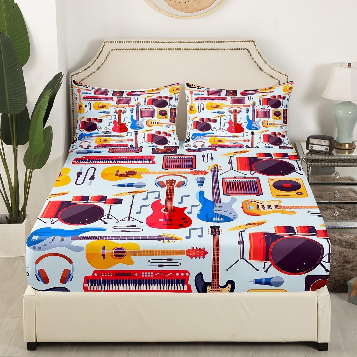 Manfei Musical Kids Fitted Sheet Queen Size, MusicalGuitar Radio Drum Kit Headset Print Bedding Set 3pcs for Boys Girls, Rock Music Bed Cover with 2 Pillowcases, Soft Polyester Bedding, No Top Sheet