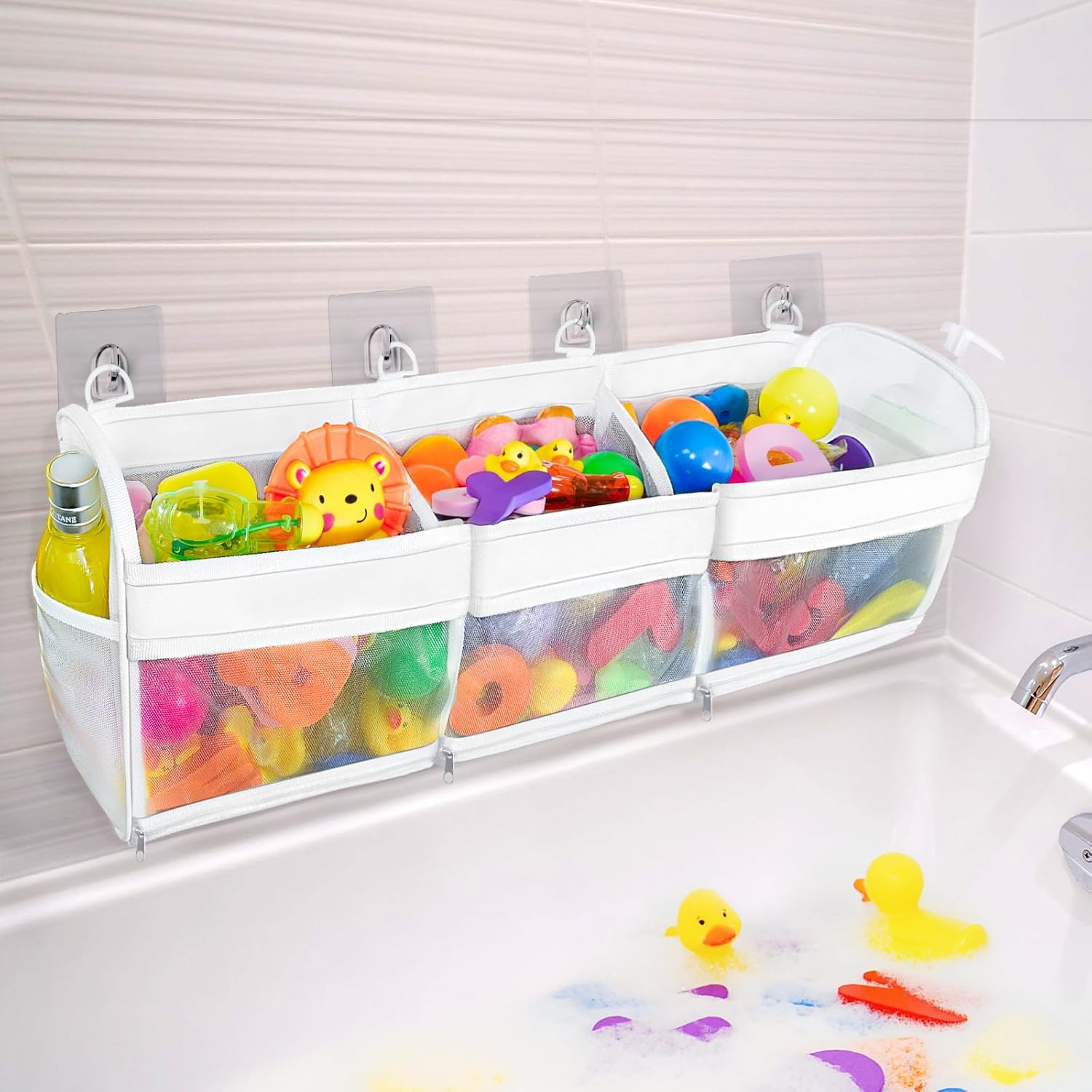 FliipFlaap Bath Toy Storage and Organizer 3-Compartment Hanging Bathtub Toy Holder with Bottom Zipper Quick-Drying Mesh Bag Ideal