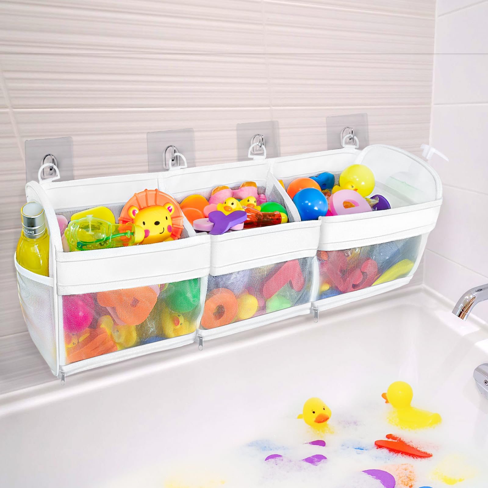 FliipFlaap Bath Toy Storage and Organizer 3-Compartment Hanging Bathtub Toy Holder with Bottom Zipper Quick-Drying Mesh Bag Ideal