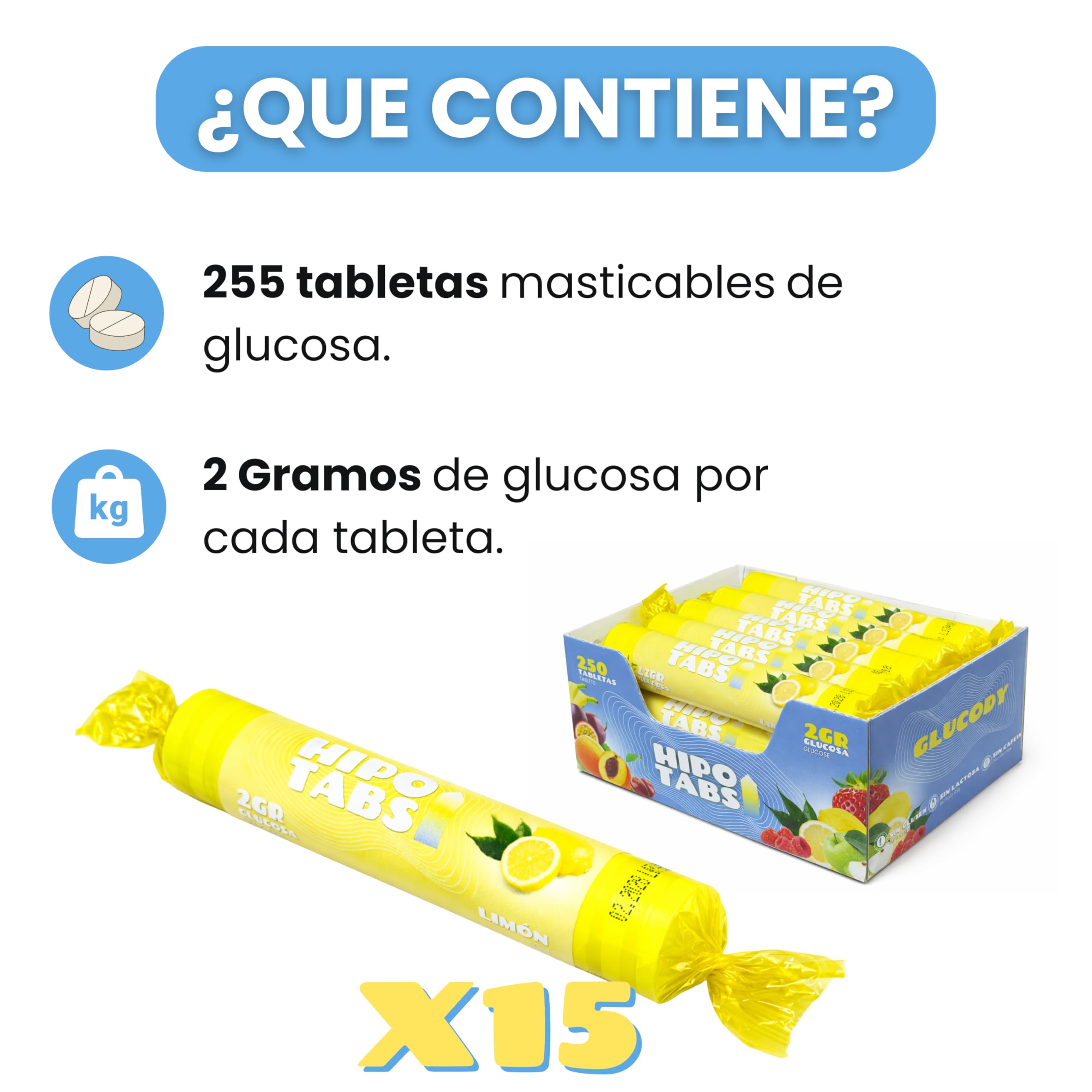 GLUCODY 255 Pastillas de Glucosa de Absorción Rápida, Caja 0,5 kg, 2g, Limón