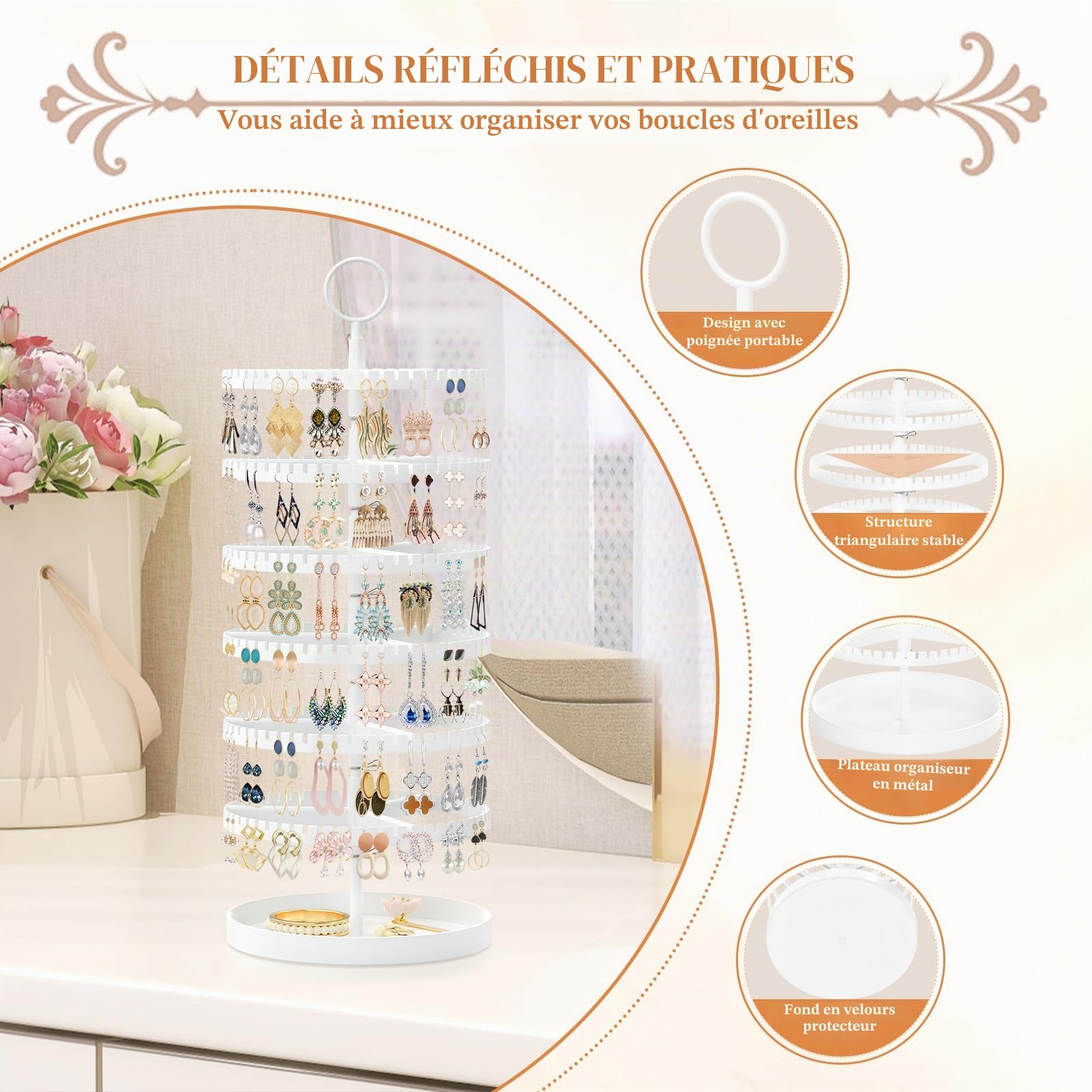 iDavosic.ly Présentoir à boucles d'oreilles à 6 étages avec plateau en métal - En plastique réglable - Avec 342 rainures - Pivotant - Arbre pour filles et femmes - Blanc