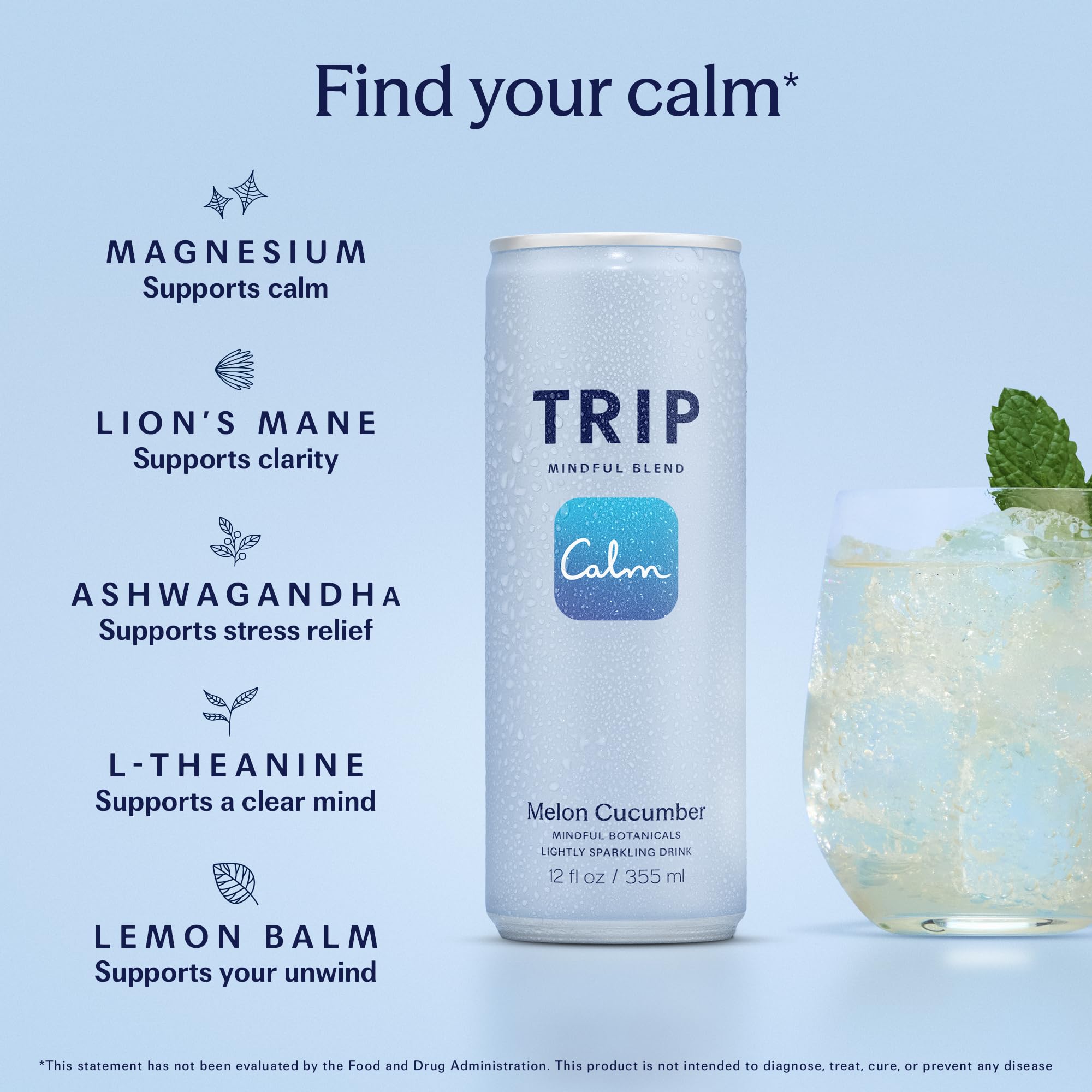 TRIP Lightly Sparkling Adaptogen Drink, Non Alcoholic Drink with Magnesium, Ashwagandha, Lions Mane & L Theanine, No Added Sugar Mocktail, Vegan, Melon Cucumber, 12 Oz, 12Pk