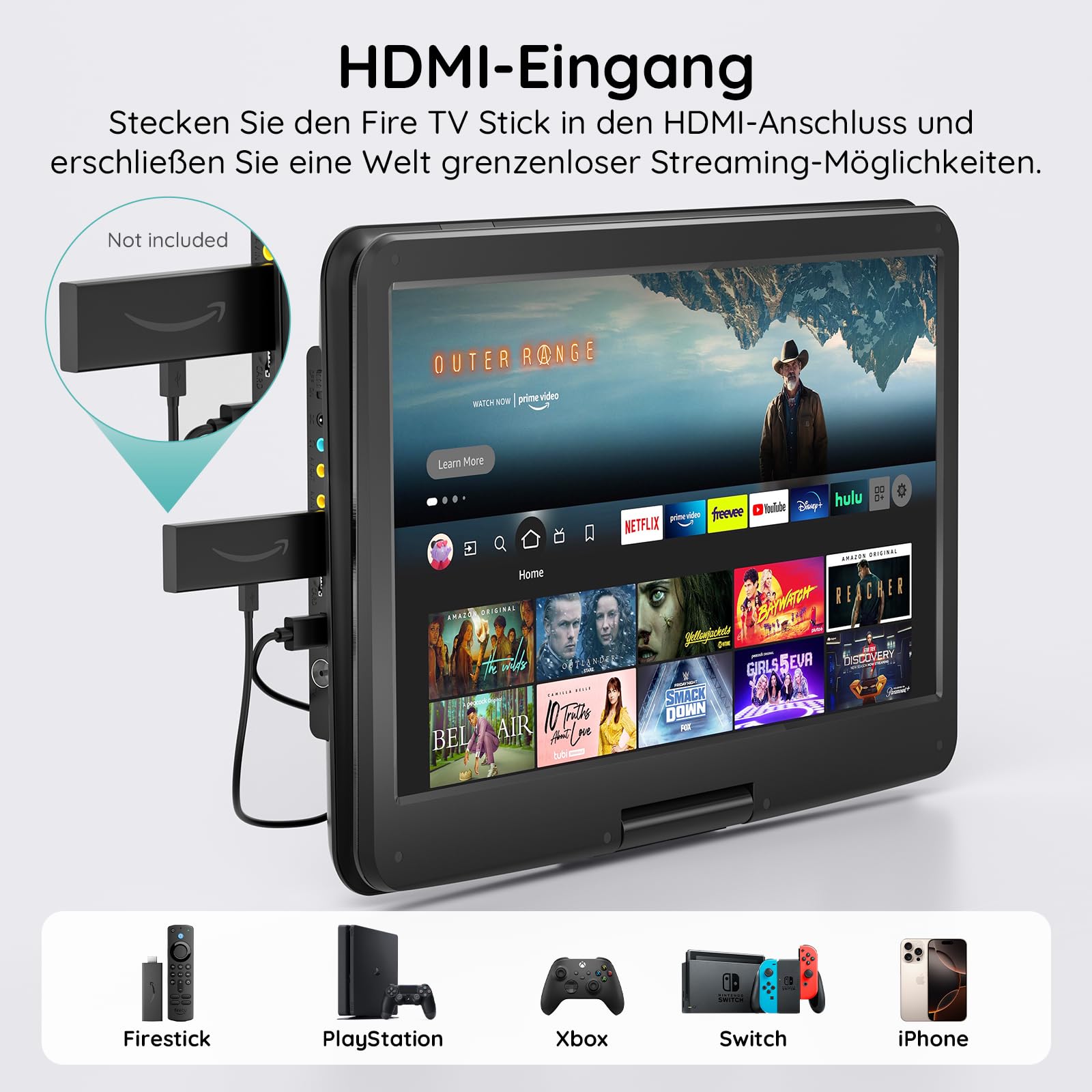 17,5 Zoll Tragbarer Fernseher mit Integriertem DVD-Player, Digitalem DVB-T2-Tuner, Akku, HDMI-Eingang, FM-Radio, USB-Anschluss, SD-Kartensteckplatz und AV-Ausgang