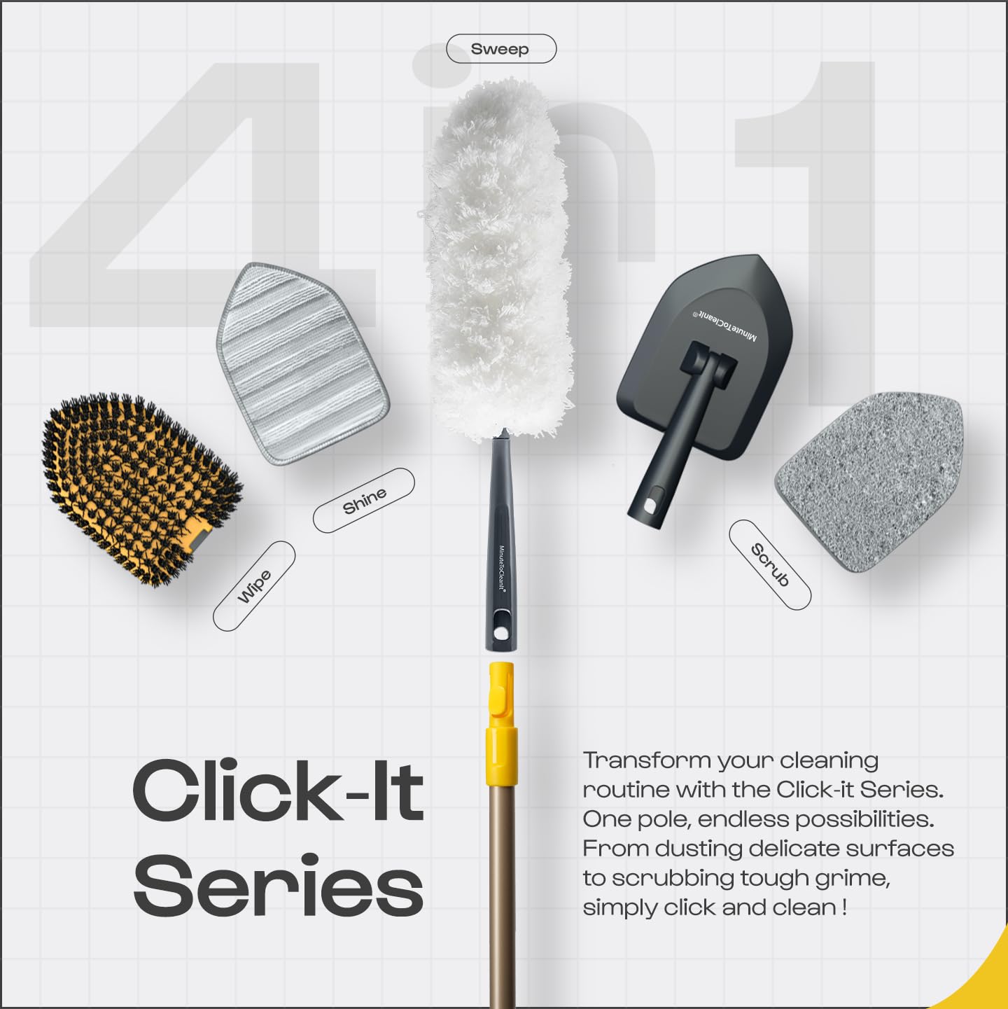 MinuteToCleanIt 4-in-1 Cleaning Set | Long Handle Flexible Duster, Bristles, Microfiber & Scrubber for Tiles, Bathroom, Windows – 58.2” Extendable Pole, Detachable Heads, Yellow