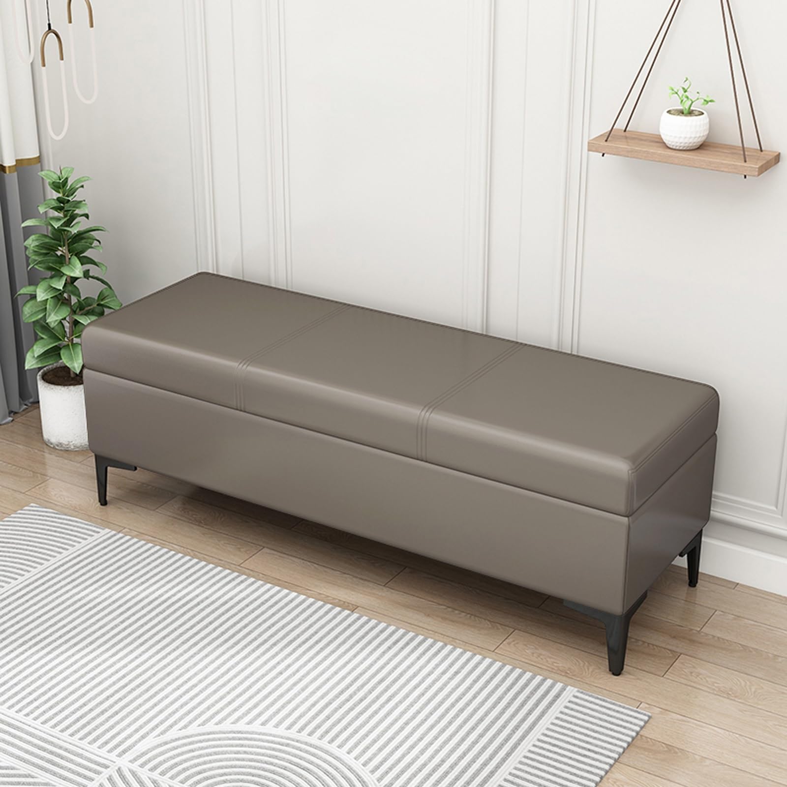 Bardzo długa szara ławka otomana ze stylowym tapicerowanym podnóżkiem - idealna do przedpokoju, sypialni, salonu - nowoczesny i elegancki design ze sztucznego futra