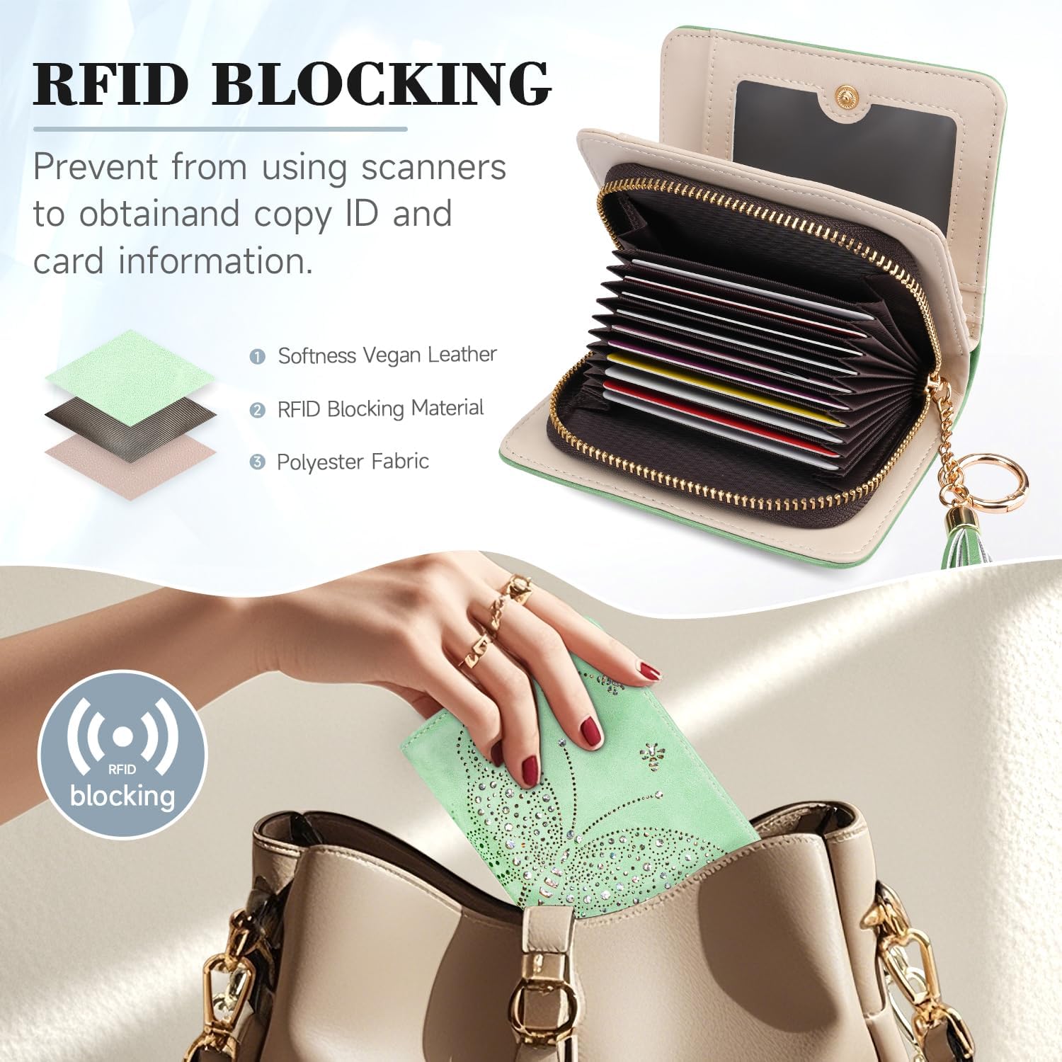 Women RFID Blocking Small Bifold Wallet, Compact Cash Clutch with Zipper Coin Pocket, Glittery Butterfly Design, Credit Card Holder, Travel Purse with Tassel PEPPERMINT-GREEN - Image 6