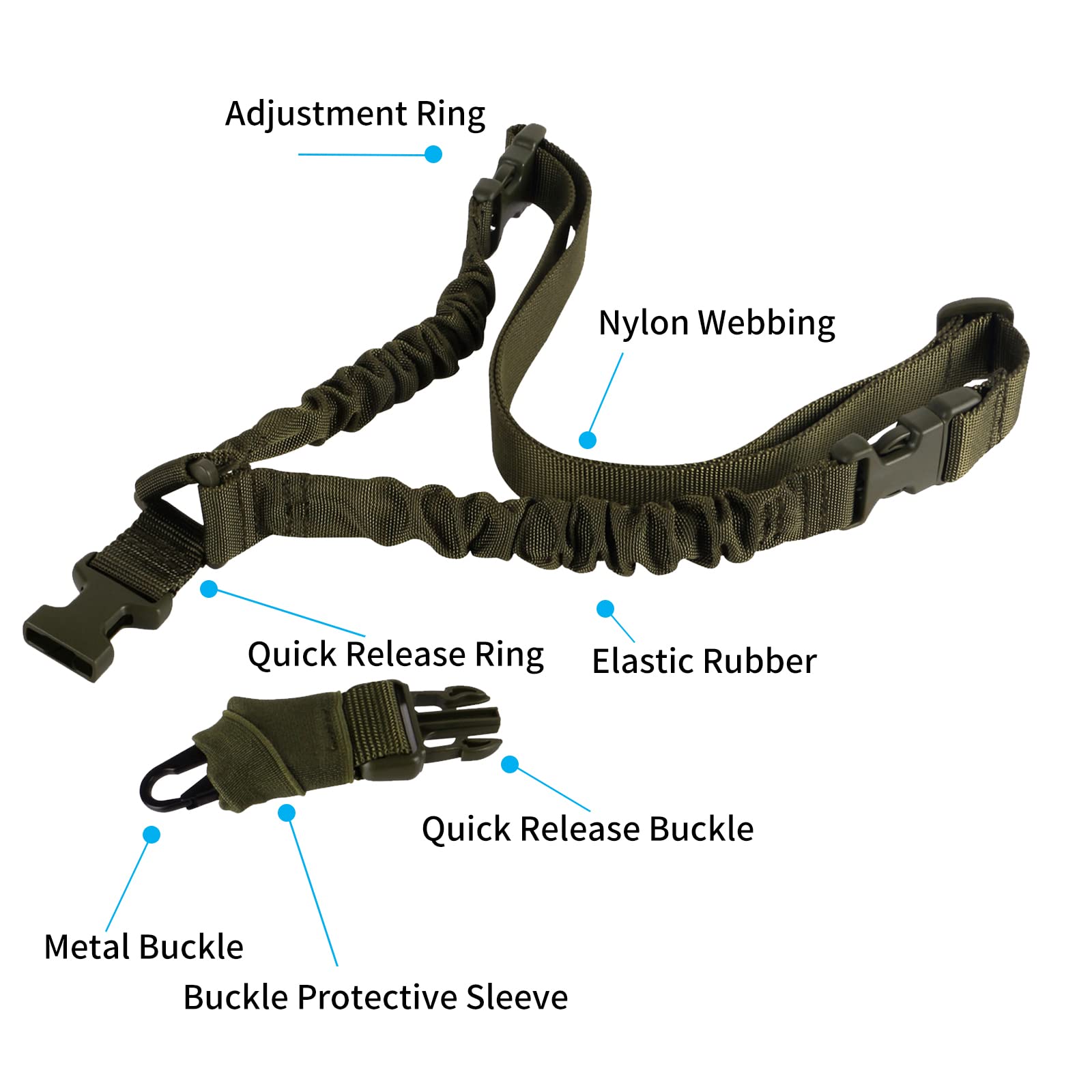 Tactical Single Point Sling Regolazione Rapida della Lunghezza della Cinghia in Nylon Webbing Multi-Uso Durevole con Gancio in Metallo per Sport all'aperto