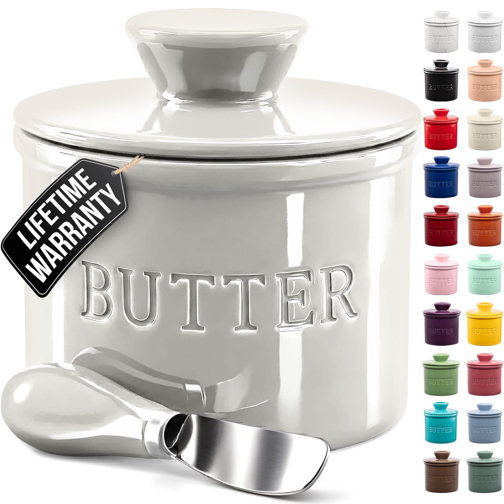 Zulay Kitchen Bell Butter Dish with Lid for Countertop with Water Line and Spreader Knife, French Ceramic Butter Dish for Fresh, Soft Spreadable Butter - Light Grey
