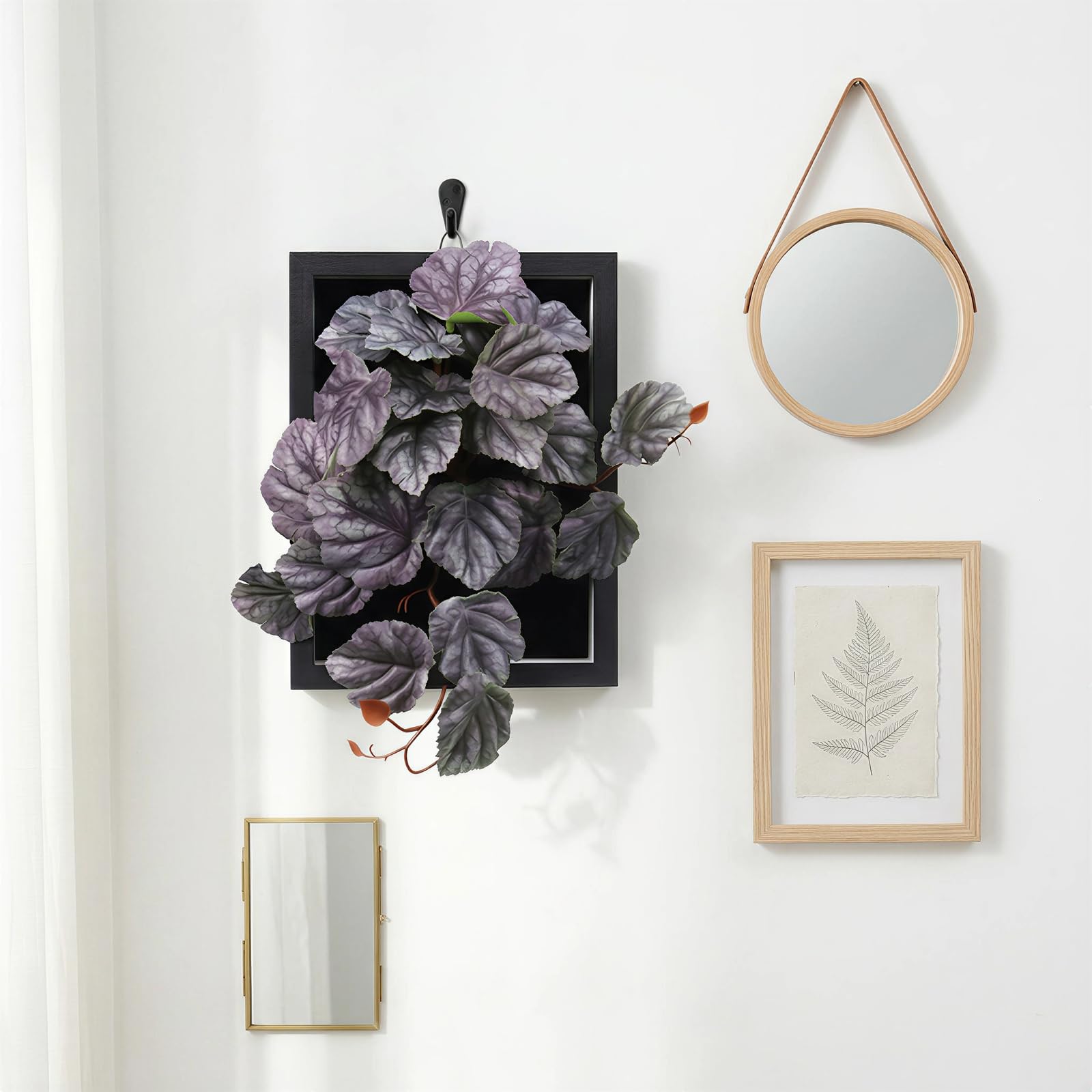 VerdantCharm Violettes Weinblätter Wandbild Gerahmt 19x26cm – Künstliche Pflanze Rahmen Deko, Für Wand & Tisch Büro Wohnzimmer, Pflegeleicht, UV-beständig