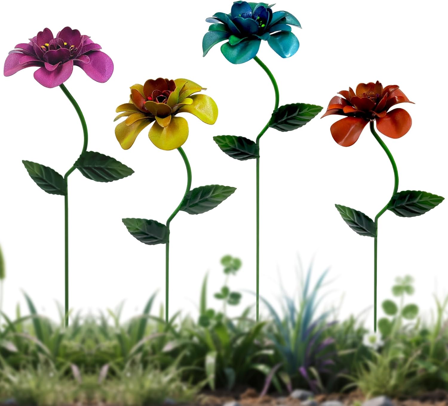 Glow-in-Dark Metal Flowers for Outside, 4 Pack Garden Stakes Waterproof, Angela Roses Yard Art, Decorative Garden Stakes for Lawn, Planters, Porch and Pathway