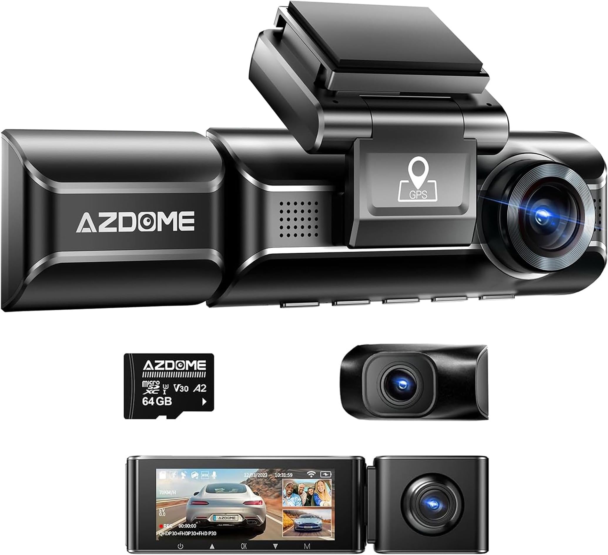 AZDOME M550 3CH Dash Cam 4K - 3.19" Screen IR Night Vision - 24H Parking Mode - 3-Channel Dash Cam - Interior IR Camera - Built-in GPS & WiFi - Three-Mode Parking Monitor