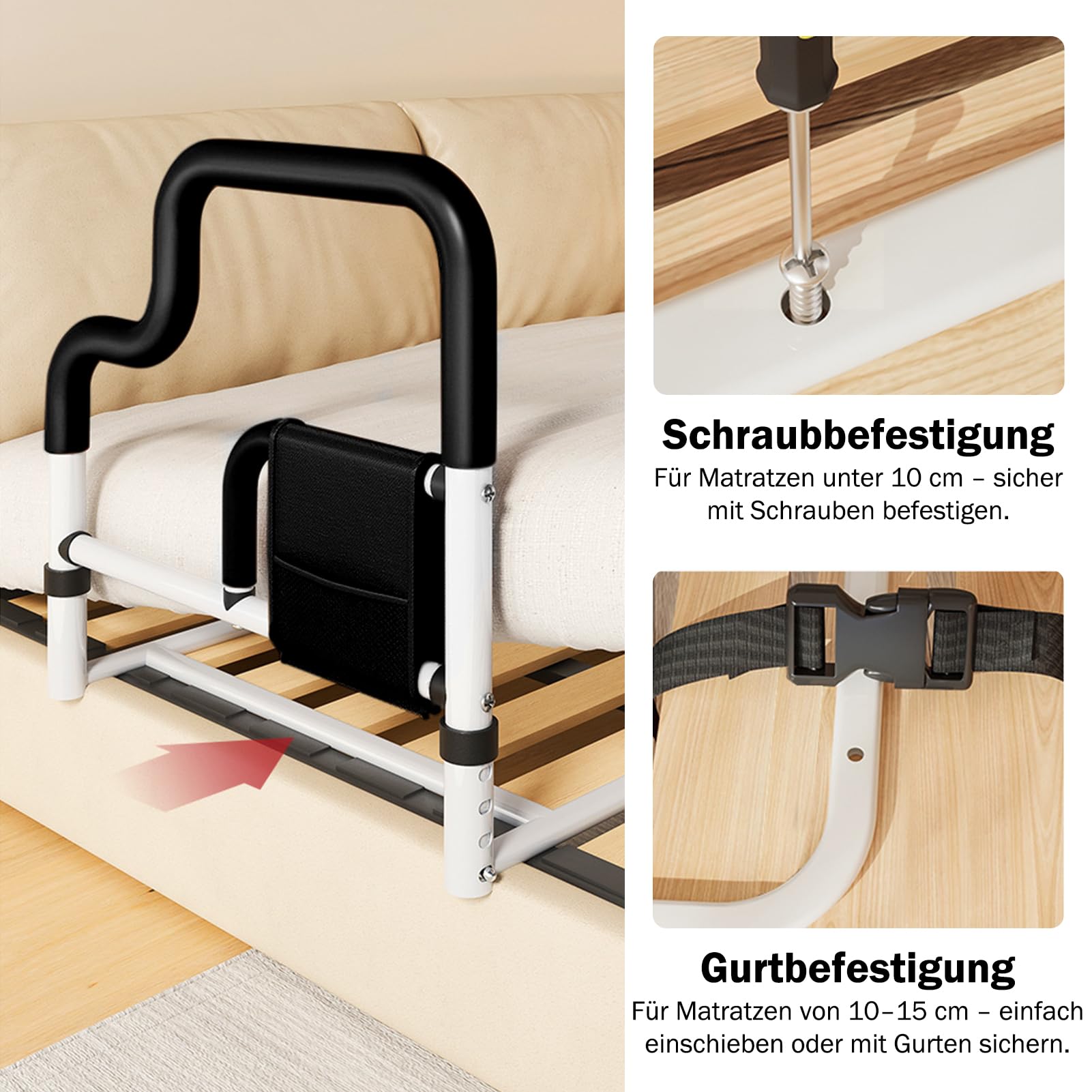 Aufstehhilfe Bett Senioren, Verstellbarer Bettgitter mit rutschfestem Schaumstoffgriff & Aufbewahrungstasche，Stabiler Metallrahmen, Sturzpräventionshilfe für den Heimgebrauch