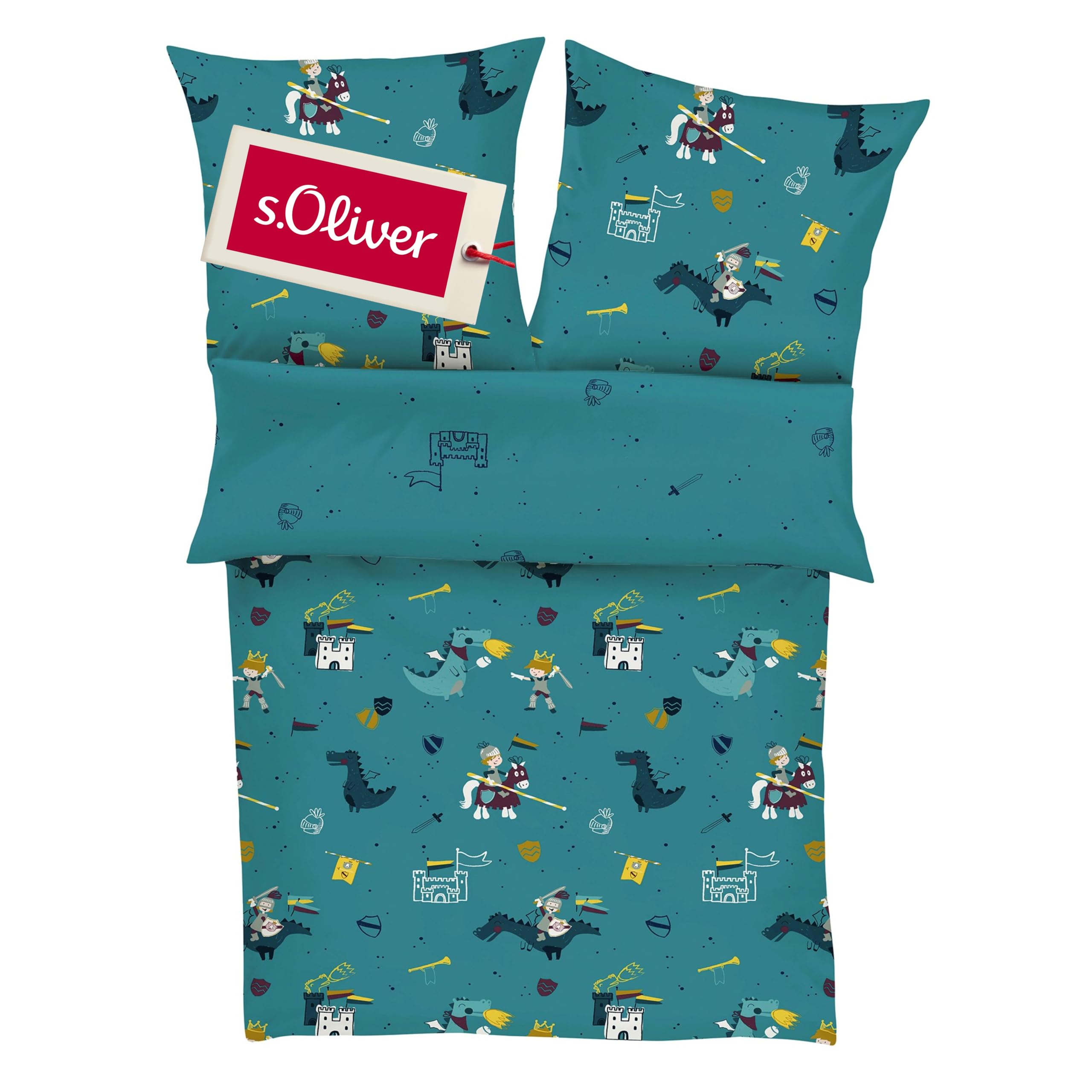 s.Oliver Kinderbettwäsche Ritter 135x200 cm - 100% Baumwolle, praktischer Reißverschluss & maschinenwaschbar, Bettwäsche für Kinder Drache & Ritterburg 2tlg. Petrol