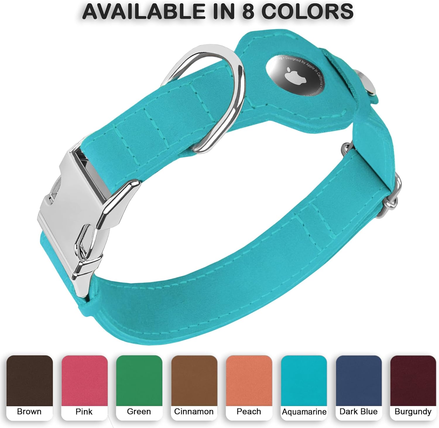 Leather Dog Collar with Airtag Holder - Soft Adjustable Airtag Dog Collar with Metal Buckle - GPS Tracking Apple Air Tag Pet Collar for Small Large Dogs (Aquamarine, M, 14"-18" Neck Fit)