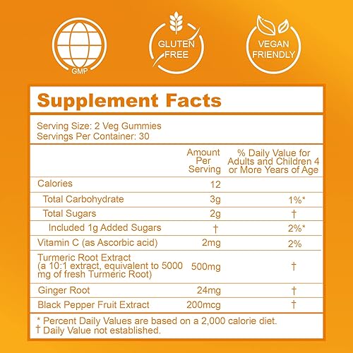 Miniatura 6 de Gomitas de curcumina de cúrcuma de 500 mg para adultos, con pimienta negra, raíz de jengibre, vitamina C, gomitas de frutas bajas en azúcar, sabor