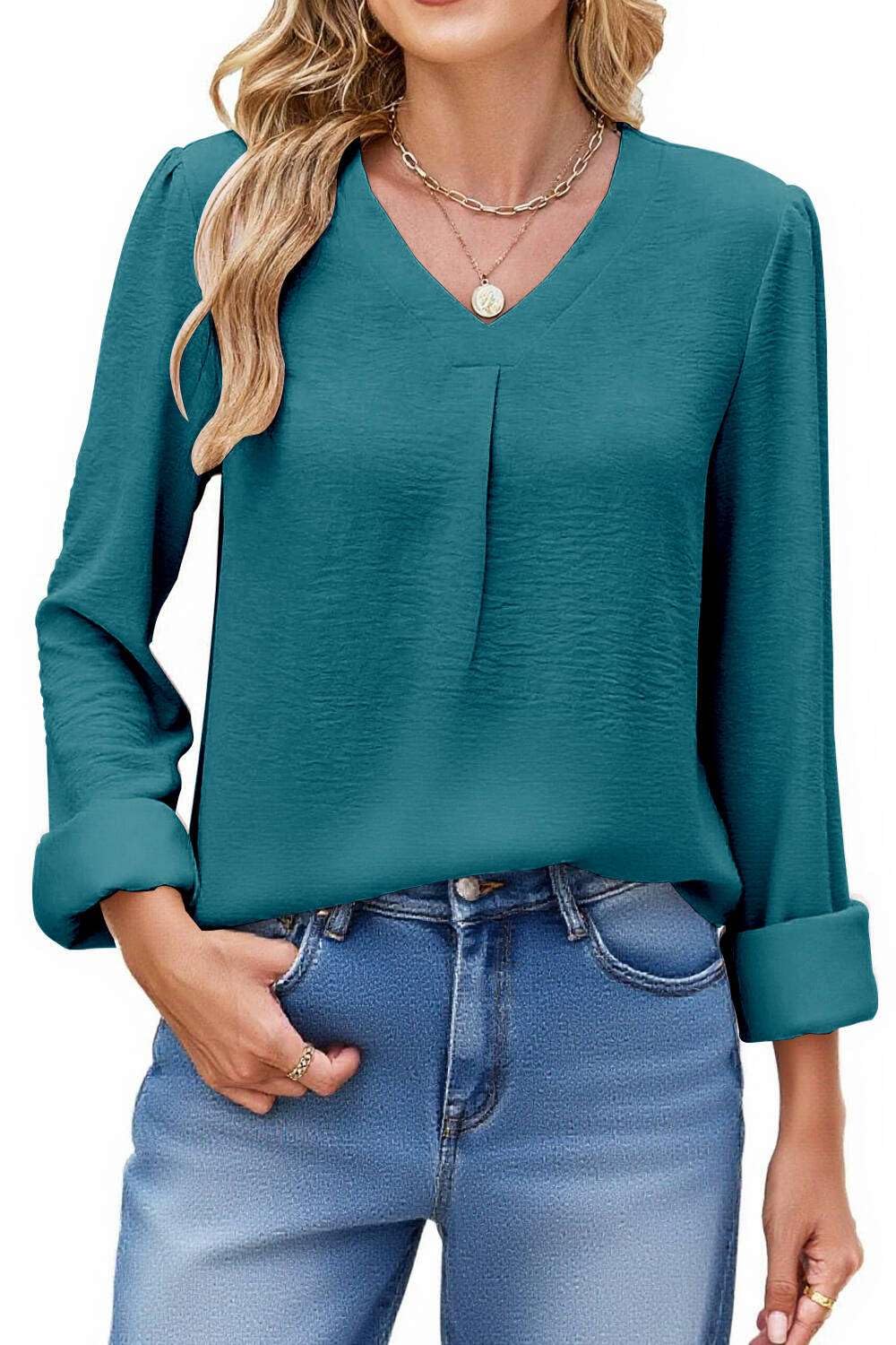 Teesho Damen Bluse Langarm aus Chiffon | Business Hemd mit V-Ausschnitt | Elegantes Oberteil für Büro & Abend | Leichte Tunika Bluse Damen(Blau/XXL)