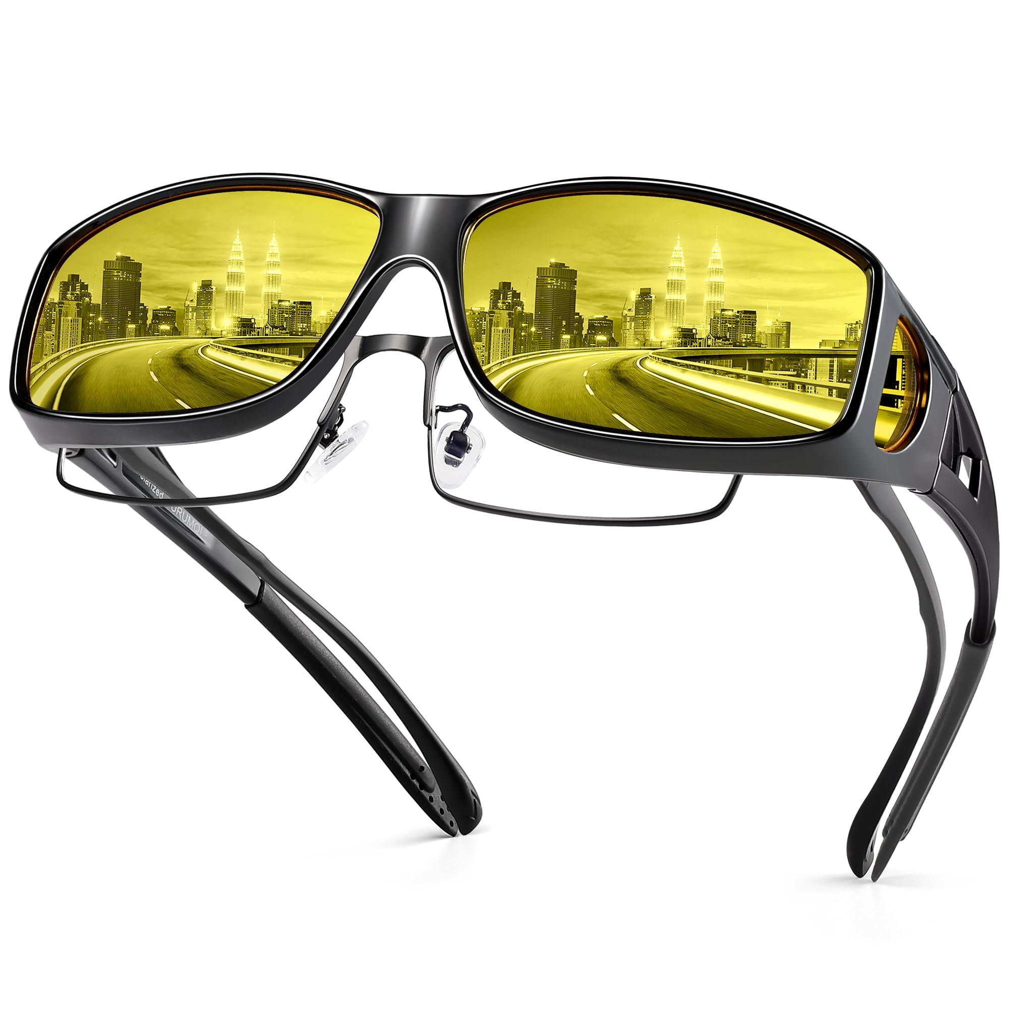 URUMQIAnti Glare Night Driving Glasses Fit Over Eyeglasses for Men Women, Polarized Nighttime Glasses HD Vision Yellow Lens