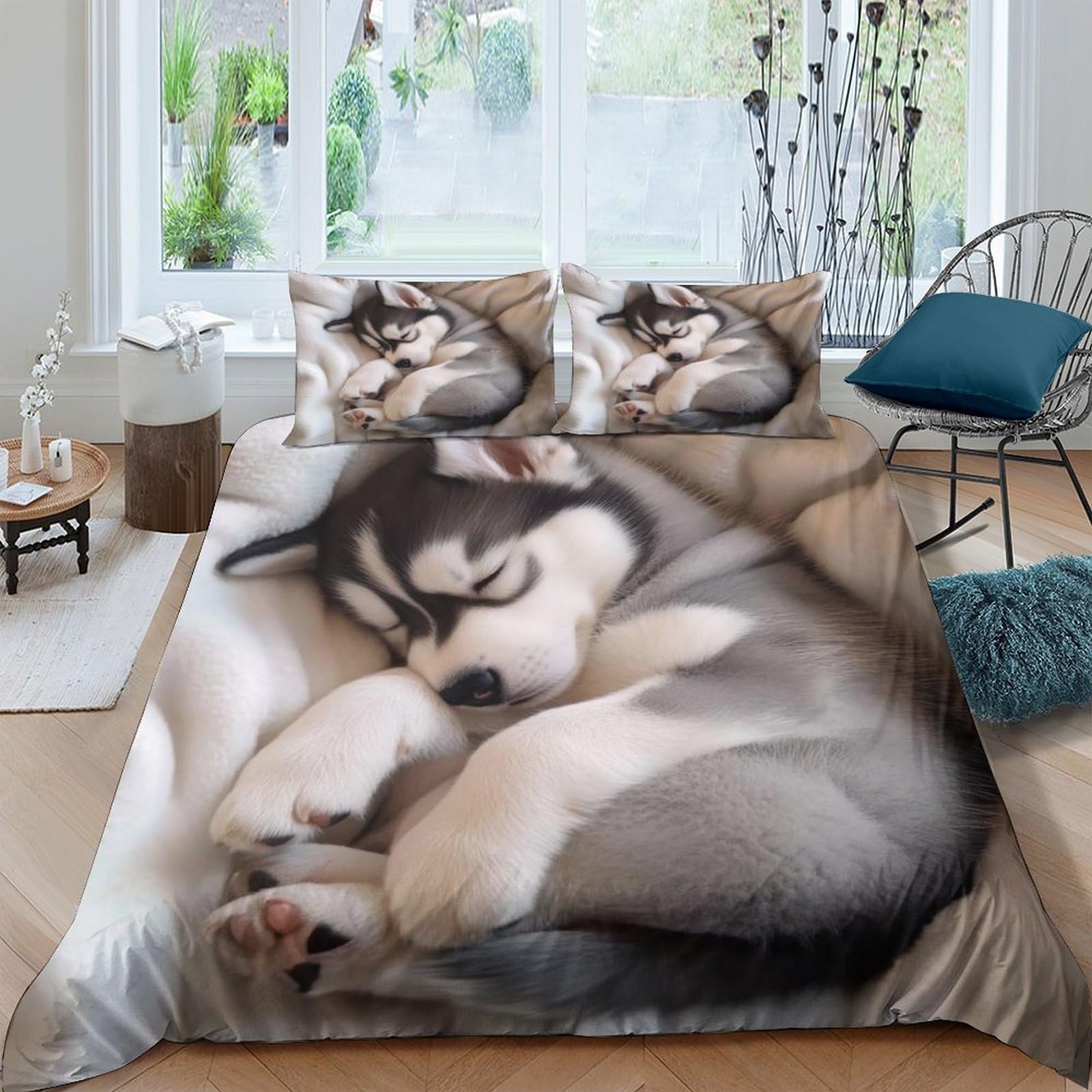 Ctjqhvkz Style-7 3D Printed Sleeping Husky Fitted Sheet Microfiber Soft Non-Slip Animal Bed Cover For Bedroom Guest Room Dorm Decor Single（135X200cm）