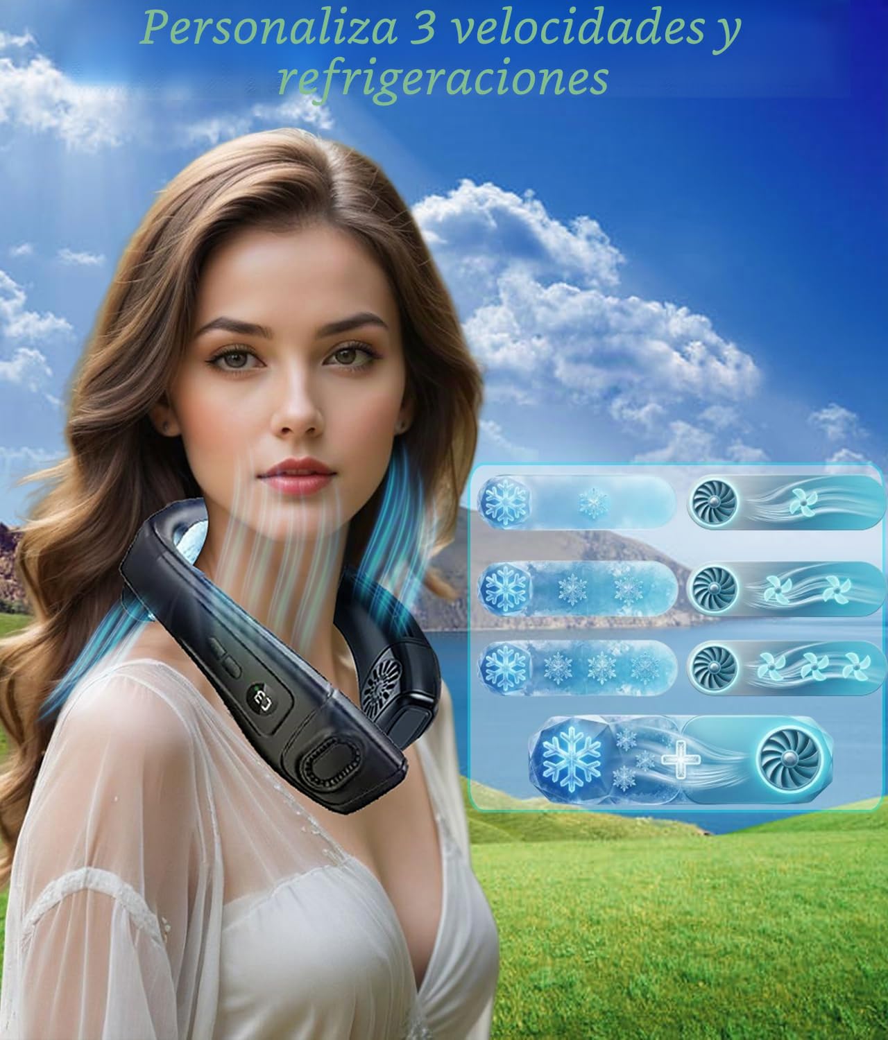 Ventilador de Cuello Portatil Con Hielo Placa de Refrigeración Grande, Ventilador Pequeño Silencioso Aire Acondicionado Ponible 6000mAh USB Recargable, 360° Aire Frio Trasera para Viaje Playa Oficina