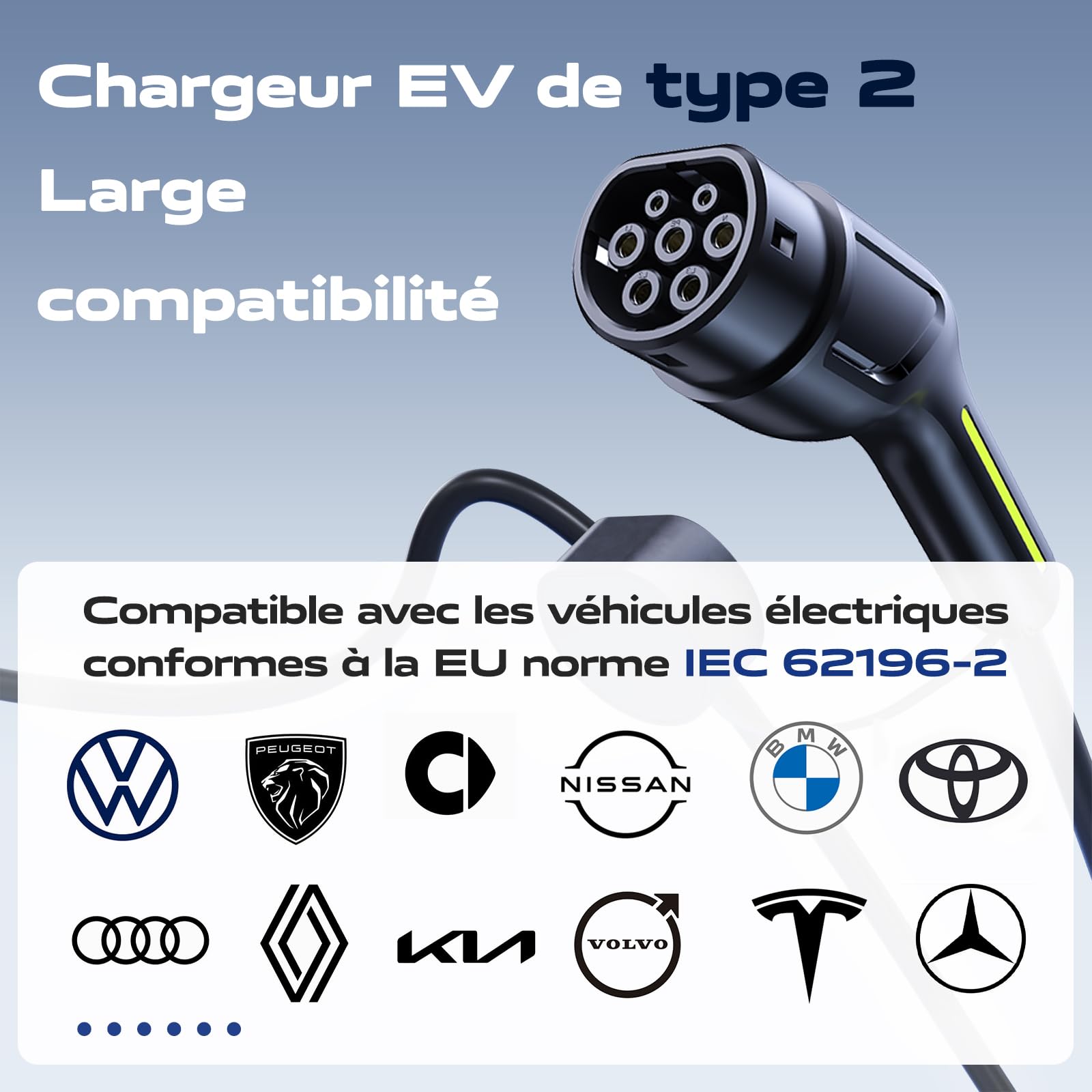 Chargeur EV type 2, 3,6 kW, câble de charge pour voiture, chargeur pour véhicules électriques, 16 A, 5 m, monophasé, EU Schuko, IP65 (IEC 62196-2)
