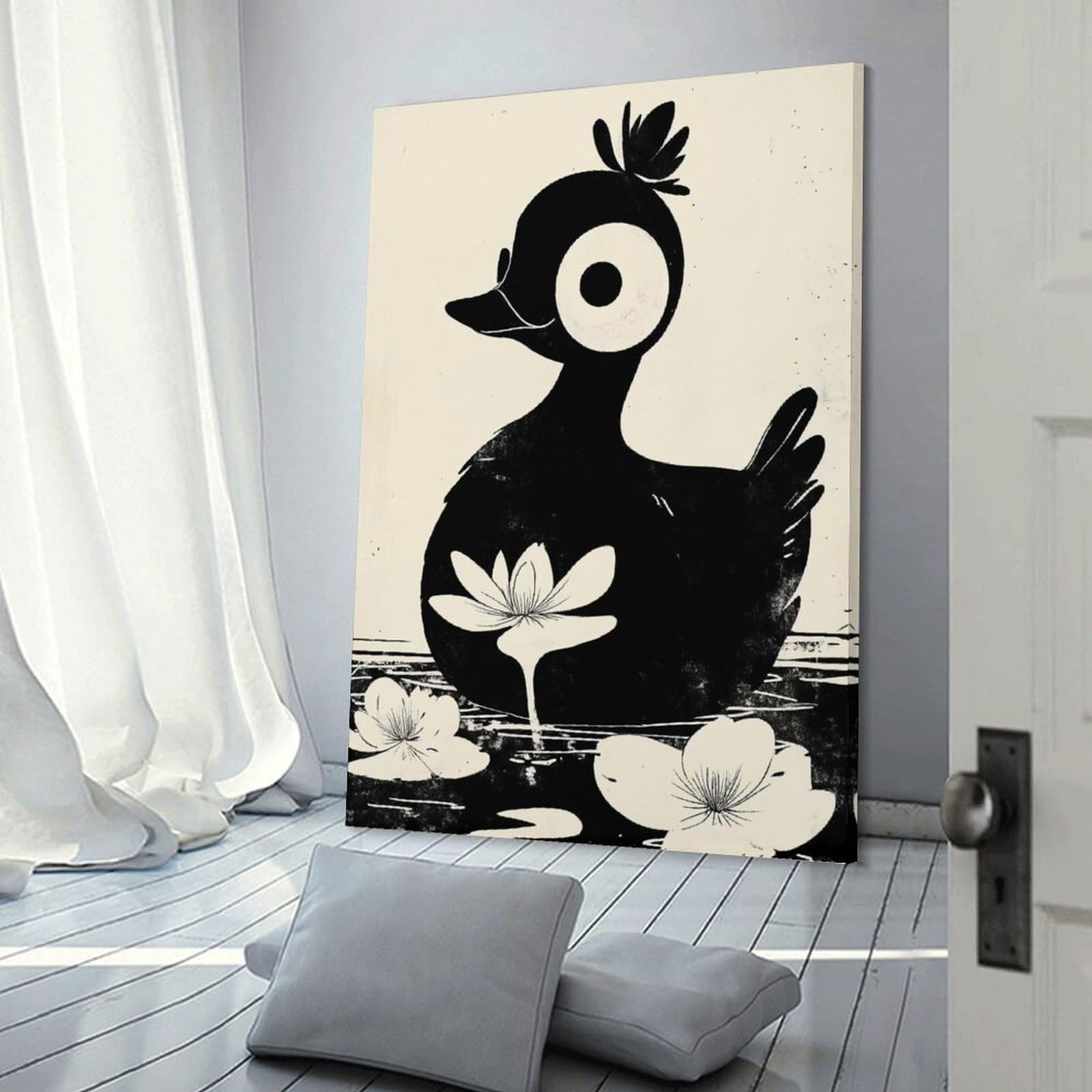Junmoney Black And White Duck Illustration Wall Picture Print 08x12inch(20x30cm), for Corridors, Hallways Or Apartment Entries, Decorative Canvas Styling for Entry Areas