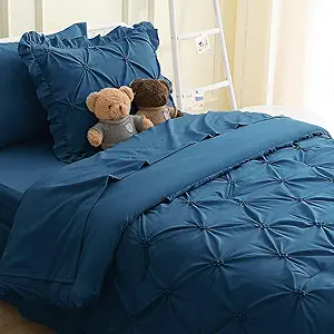 JOLLYVOGUE Teal Twin Size Comforter Sets 5 Pieces, Pintuck Bed in a Bag Comforter Set for Bedroom, Bedding Comforter Sets with Comforter, Sheets,Ruffled Shams & Pillowcases