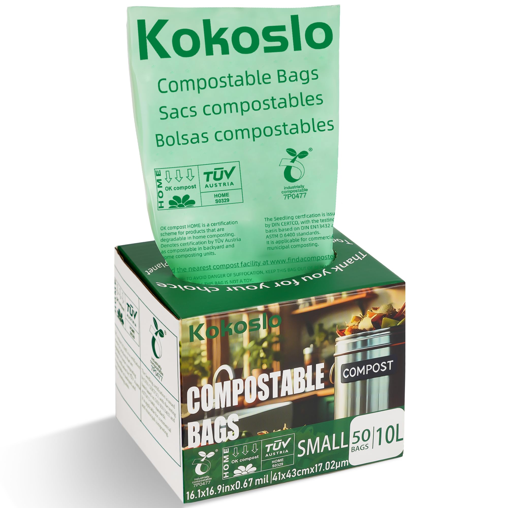 Compostable Trash Bags 2.6 Gallon, 10L, 50 Count - OK Compost HOME & Industrial Compost Certified, ASTM D6400, Leakproof Compost Bags for Food Scraps, Coffee Grounds & Organic Waste