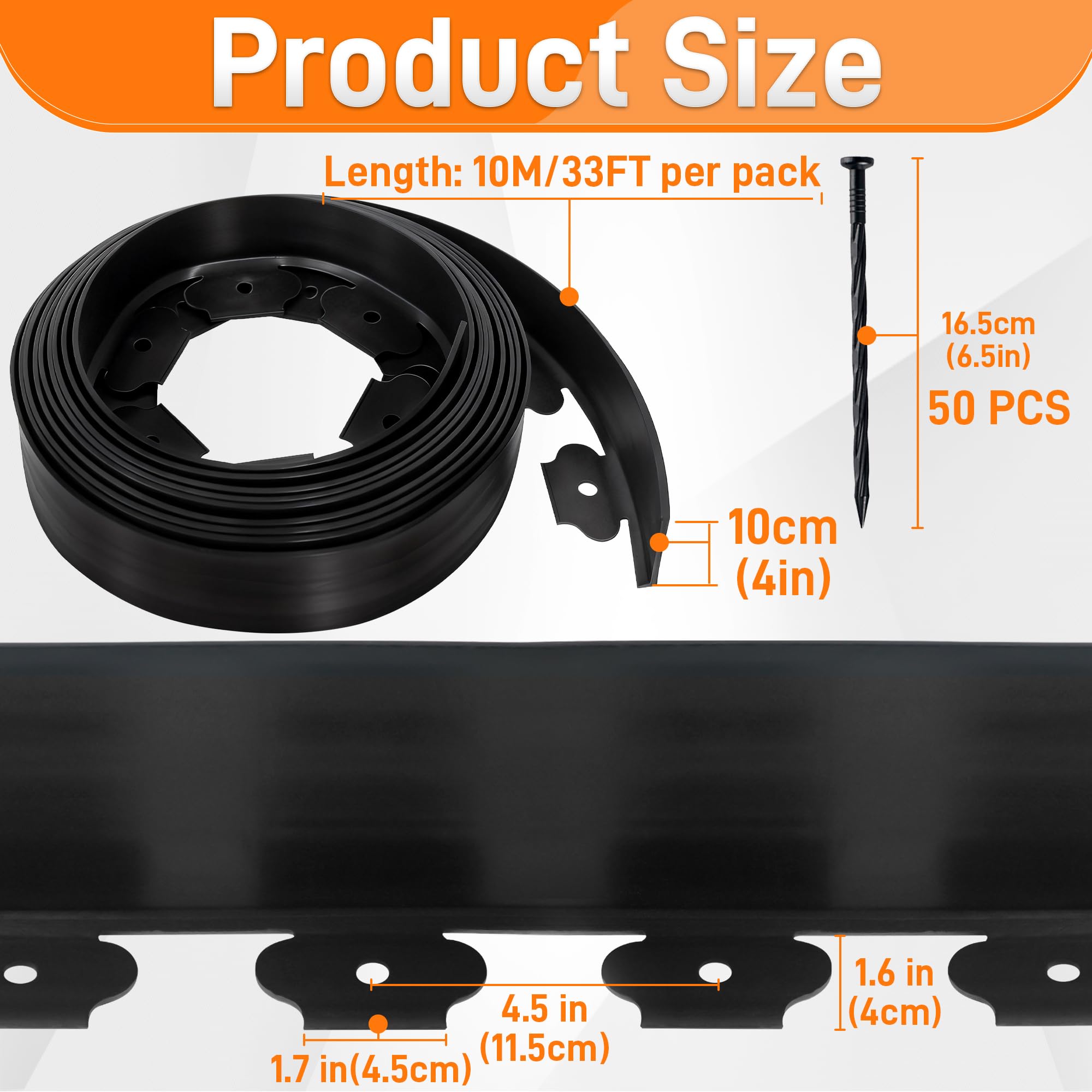 Bordo da Giardino 10m, Bordo Prato Flessibile con 50 Picchetti, Altezza 10 cm, Bordo Giardino in Plastica per Delimitazione Aiuole, Viali Giardino e Alberi, Nero