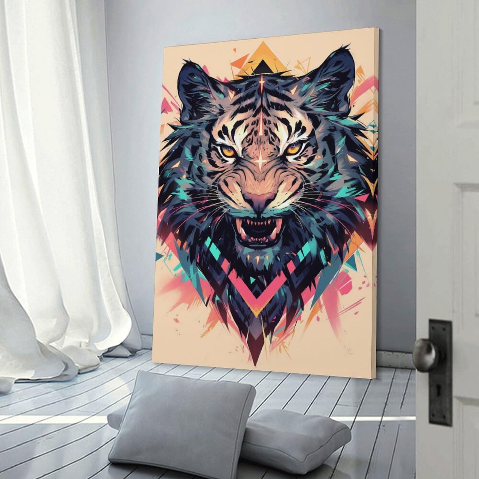 Junmoney Room Decor Wall Art Aggressive Tiger with Geometric Patterns, 08x12inch(20x30cm), for Living Room, Lounge Or Sitting Room, Canvas Styling for A Polished Room Look