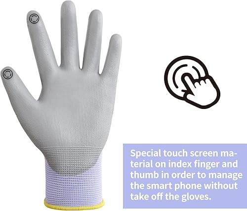 Vista 33 de Guantes de trabajo de seguridad con revestimiento de poliuretano, 12 pares, guantes de punto sin costuras azul con revestimiento de poliuretano