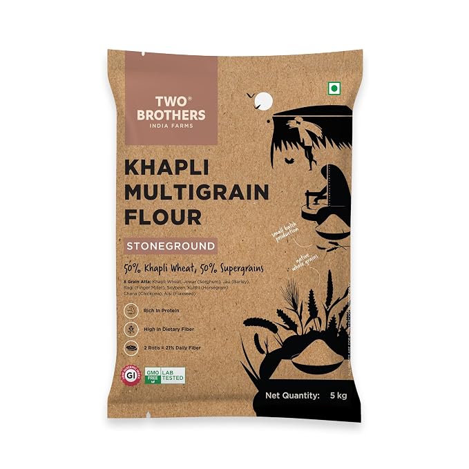 Two Brothers India Farms Khapli Multigrain Atta (5kg)| 8 Grains Flour Mix | High Fiber & Protein Source | Low GI Atta | Khapli, Jowar, Jau, Ragi, Soybean, Kulthi, Chana, Alsi