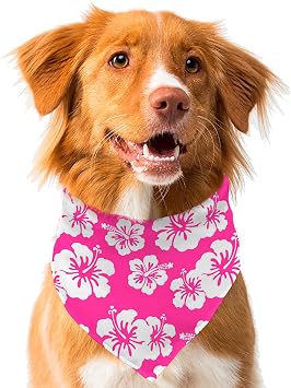 Handmade Hawaiian Hibiscus Dog Bandana Bib Triangle Scarf for Small to Large Breed Pink White Floral, X-Large