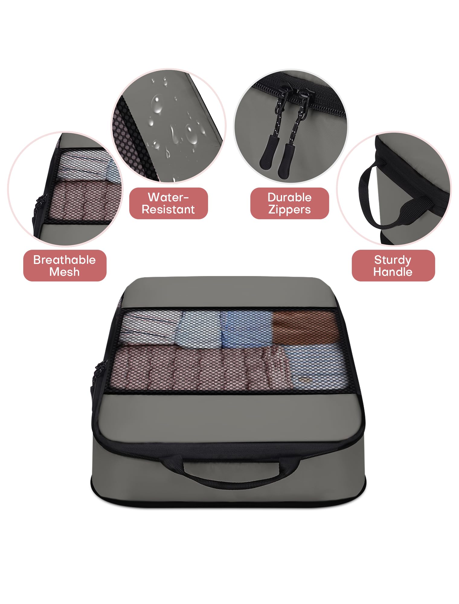 SDGFUI 4 Set/6 Set/8 Set di Cubi di Imballaggio di Compressione per Viaggio, Bagagli Da Viaggio Cubi di Compressione, Grigio, 6 Set, Da viaggio