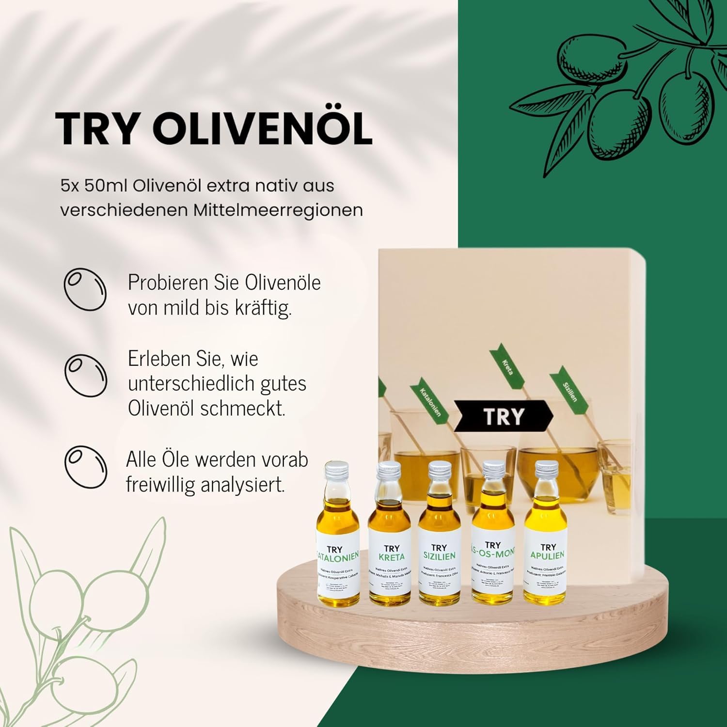 TRY Olivenöl Geschenkset - Probierbox mit Olivenölen extra nativ aus Italien, Spanien, Griechenland & Portugal [5x50ml] - Feinkost Geschenkset für Kochliebhaber