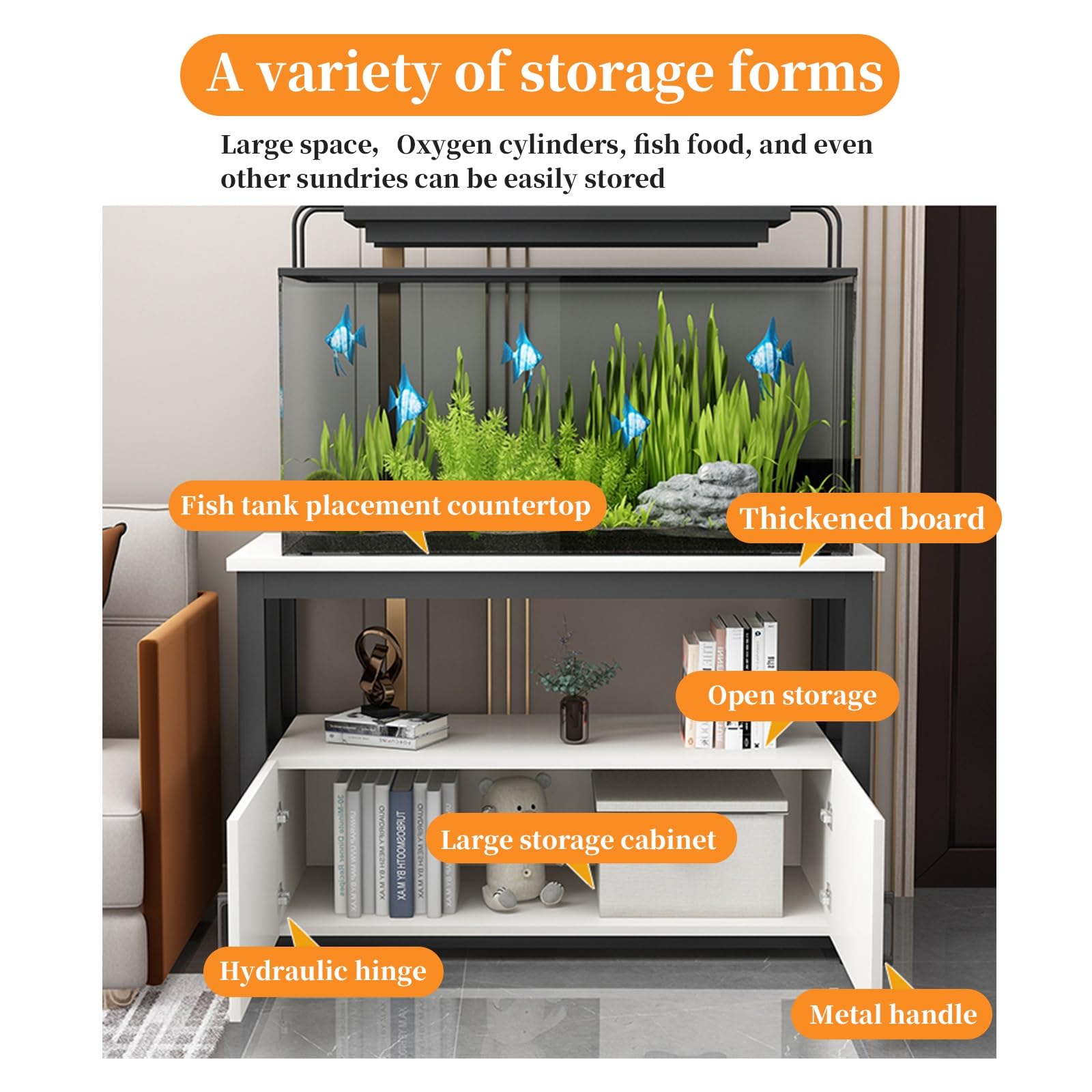 FORRTY Aquarium Mit Unterschrank, Fish Tank Rack Aquarienständer 2-stöckig, 40–120 Cm Lang, Platzsparend, Hohe Tragkraft, Mit Türen Und Ablagen, Ideal Für Wohnzimmer Und Restaurants(Black+gray,120X50X