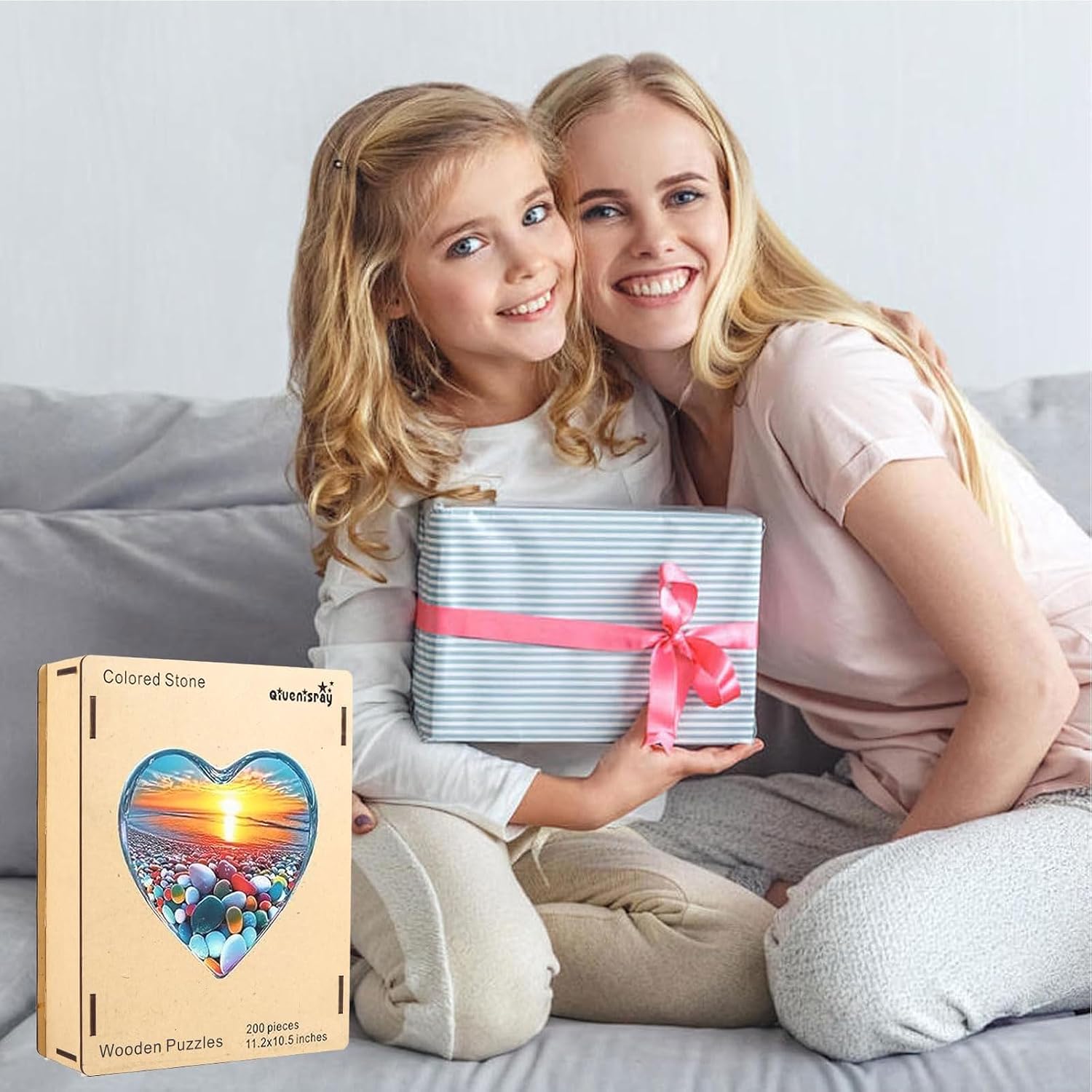 Qiuenisray Heart Wooden Puzzles 200 Piece, Sunset Jigsaw puzzle, Stone Crystal Glass FSC Certified Jigsaw Puzzles, Unique Flower Shaped Piece, Beautiful Home Decor, Wood Gift for Family 10.5x11.2 in