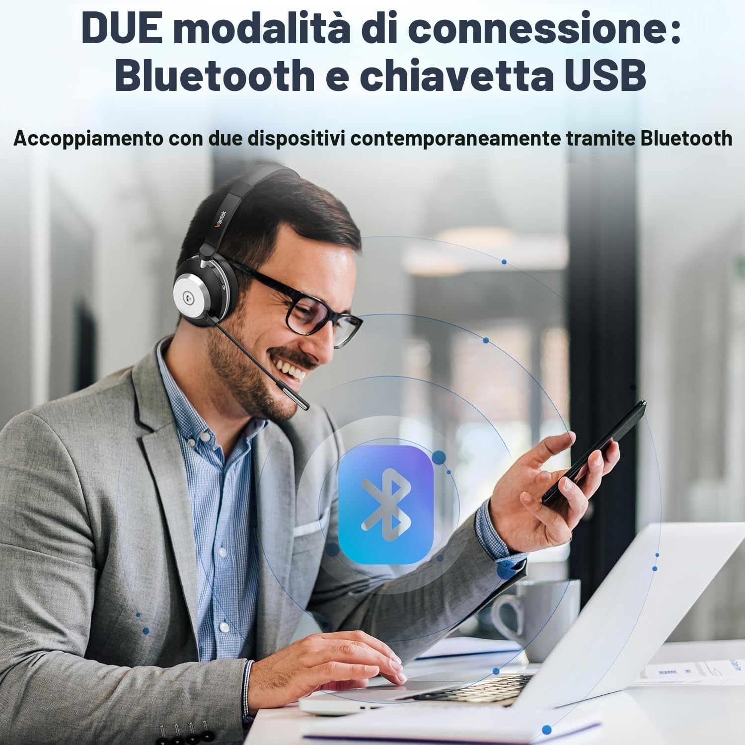 Wantek Cuffie wireless con microfono, Cuffie senza fili Bluetooth con stazione di ricarica o USB Dongle per PC Ufficio Zoom Skype Laptop