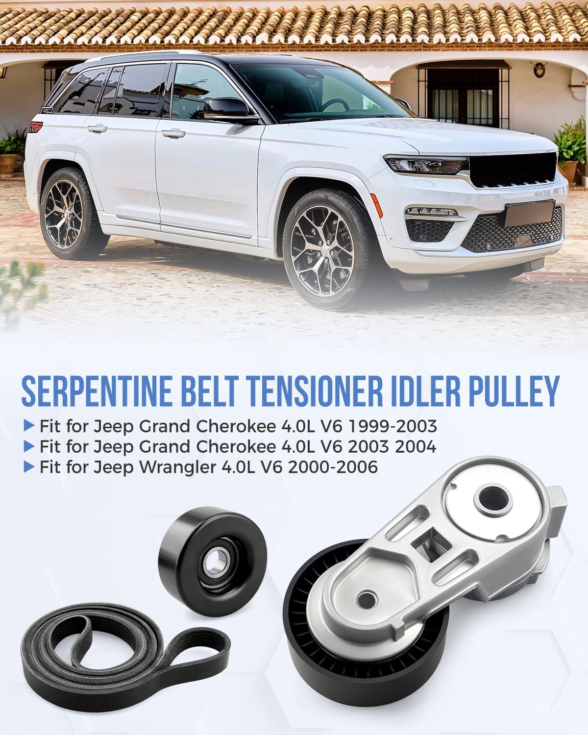 Serpentine Belt Tensioner Idler Pulley Fit for Jeep Wrangler 2000-2006 V6 4.0L / Grand Cherokee 1999-2004 V6 4.0L Replace 4854089AB 38163 0381636 6K882