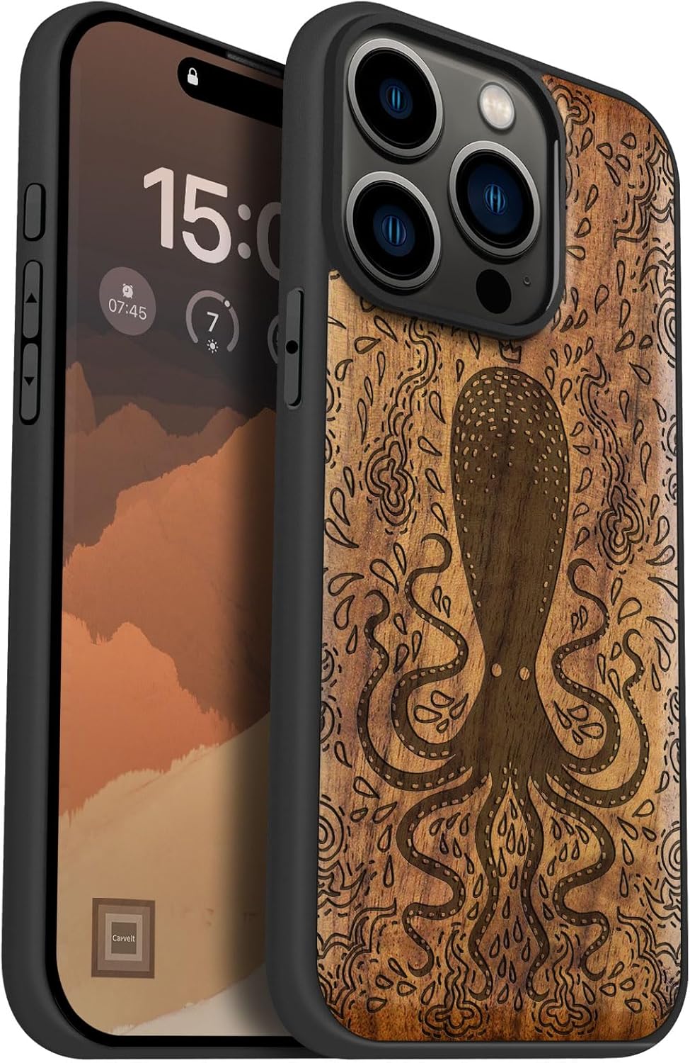 Carveit Magnetic Wooden Case for iPhone 15 Pro Case, Compatible with MagSafe Wireless Chargers, Black Soft TPU Shockproof Cover & Wood Artisan Engraved (Floral Octopus) - Walnut