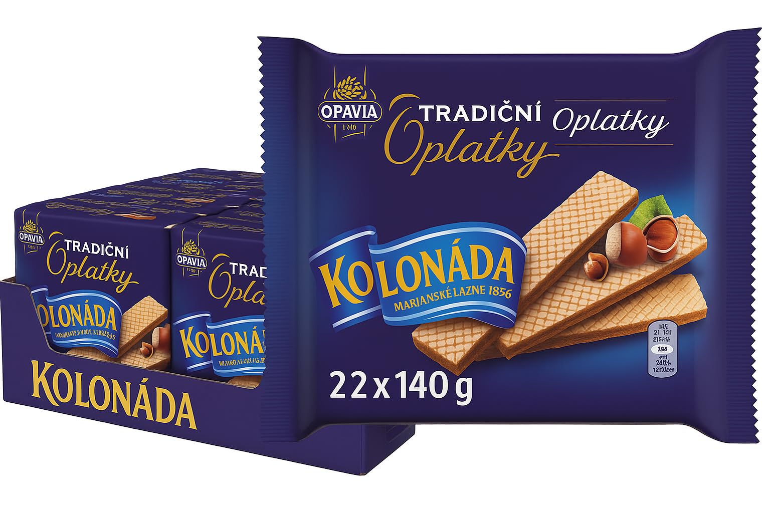 OPAVIA Kolonáda Lot de 22 paquets de 140 g de gaufres avec garnissage au chocolat noisette