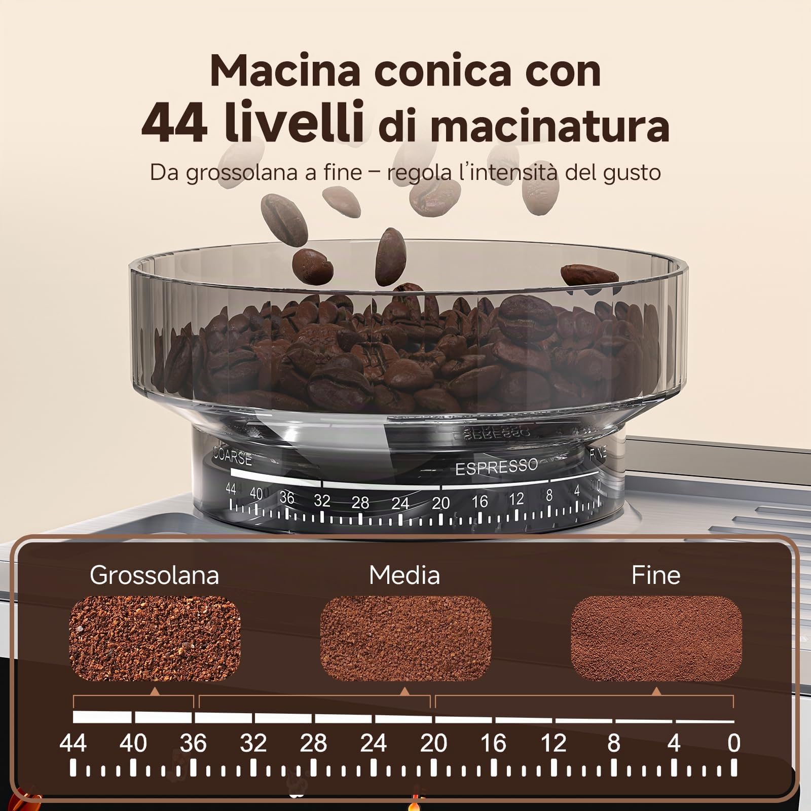 AMZCHEF Macchina Caffè Espresso con Macinacaffè Incorporato, 20 Bar, 44 Livelli di Macinatura, 4 Temperature, Funzione Cold Brew, Lancia Vapore per Latte,Acciaio Inox,1.8L