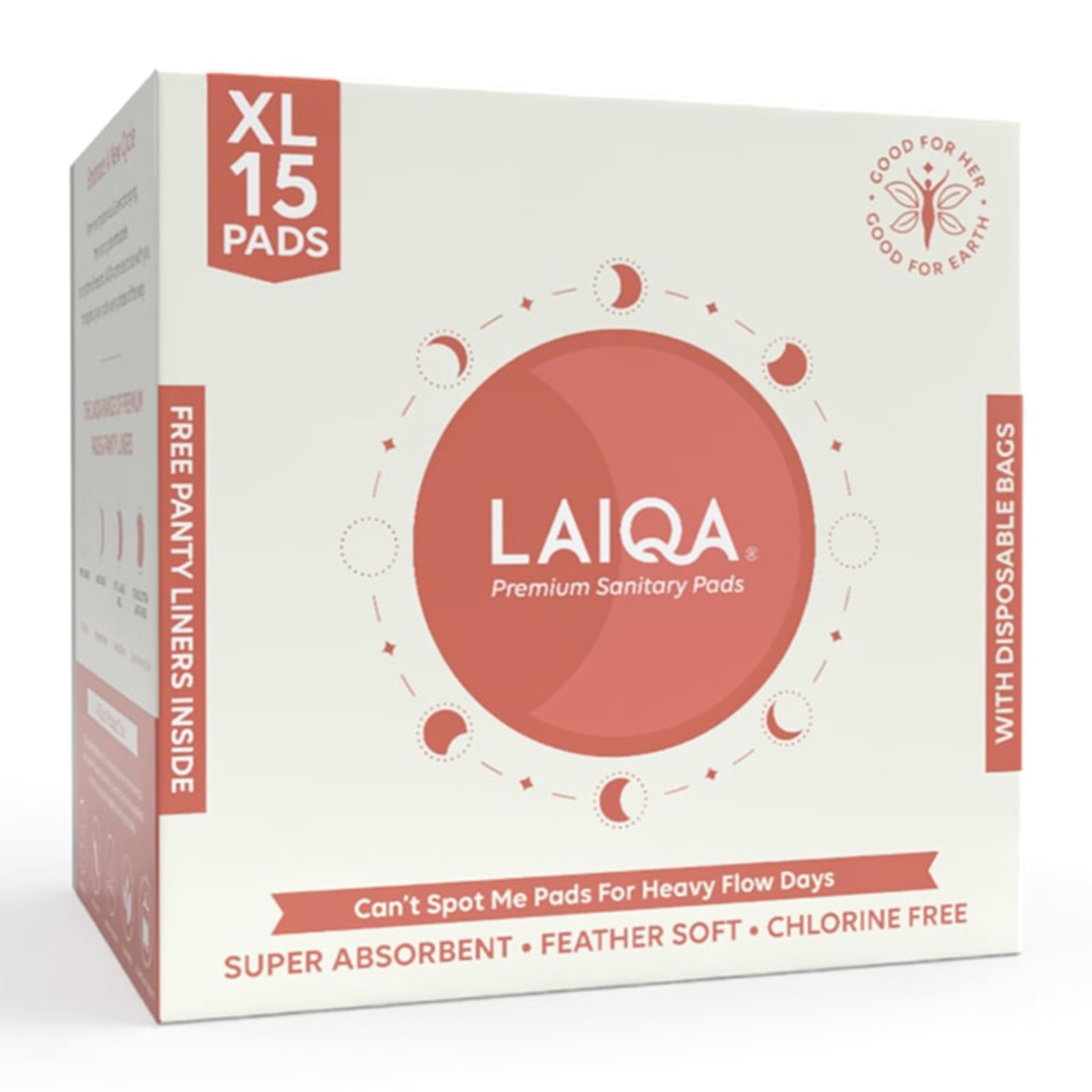 Sanitary pads for women XL By LAIQA 30 Extra Large pads for Heavy Flow with 30 Disposable Bags & 6 Free Panty Liners | Natural Fibers | 4-Wing Leak-Proof | No Chlorine, No Fragrance.