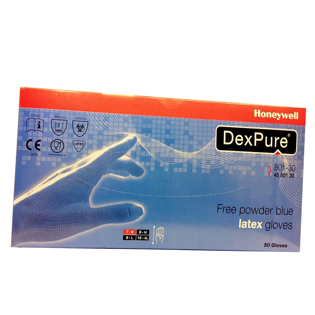 Honeywell DexPure 801-30 Guanti Protezione Chimica Monouso in Lattice, Ambidestri, Lunghezza 26.6 cm, Blu, Taglia 10XL, 4580130-10 (Confezione da 50 Guanti)