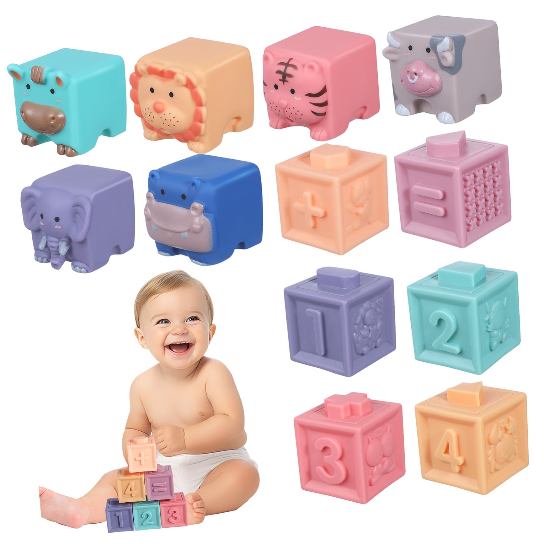 FRCOLOR 12 Piezas Juguetes de Bloques de Construcción Blandos para Bebés Bloques de Goma Suaves para Shower Incluye y Números Bolsa para Almacenamiento